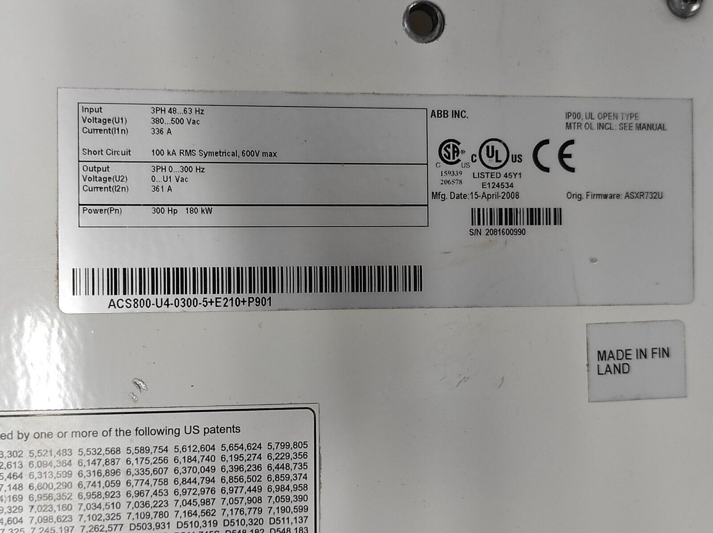 ABB ACS800-U4-0300-5+E210+P901 Drive Module 300HP 180kW ACS800-U4