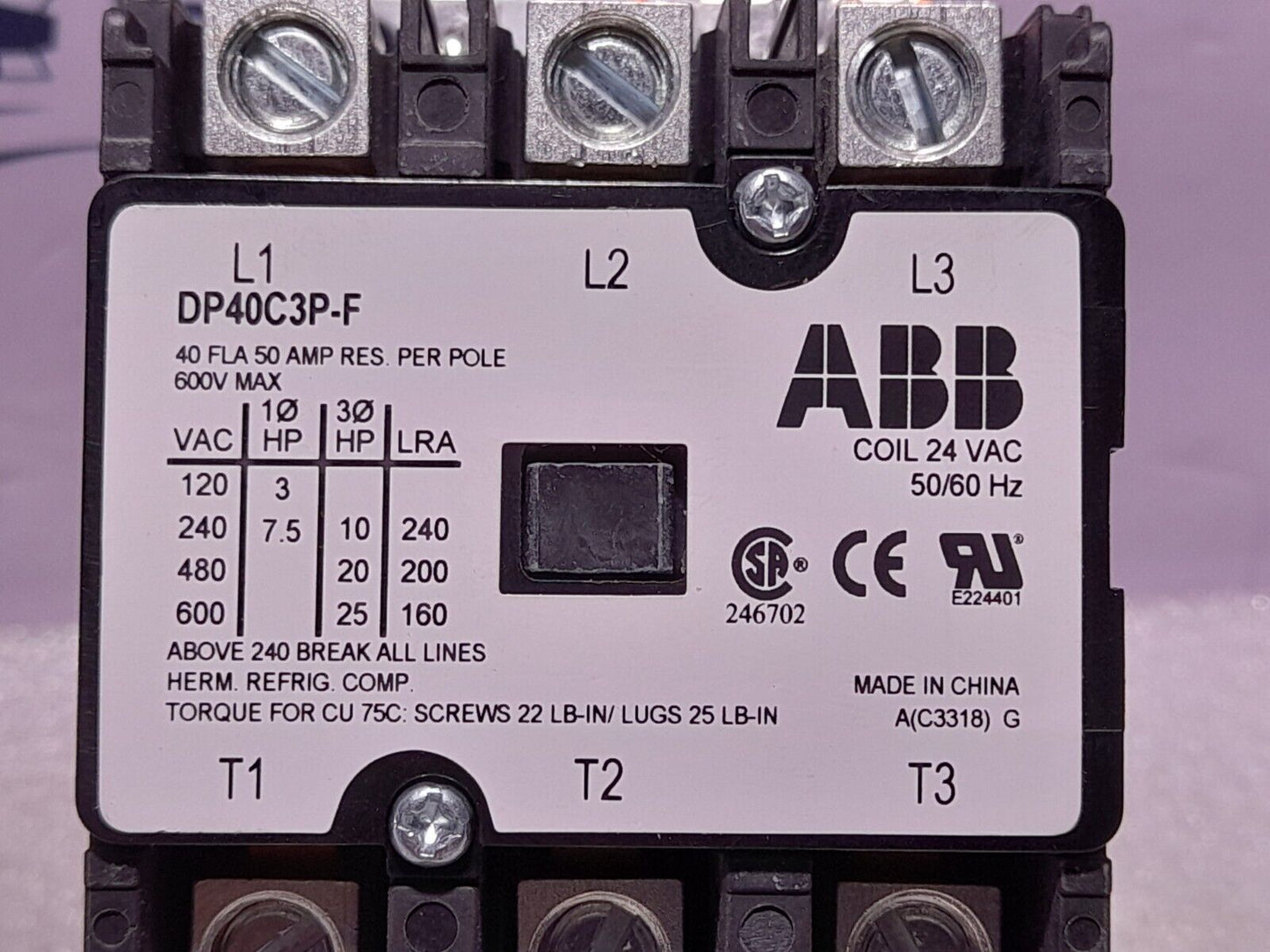 ABB DP40C3P-F Definite Purpose Contactor 3P 24VAC 50/60Hz NOV 1049327