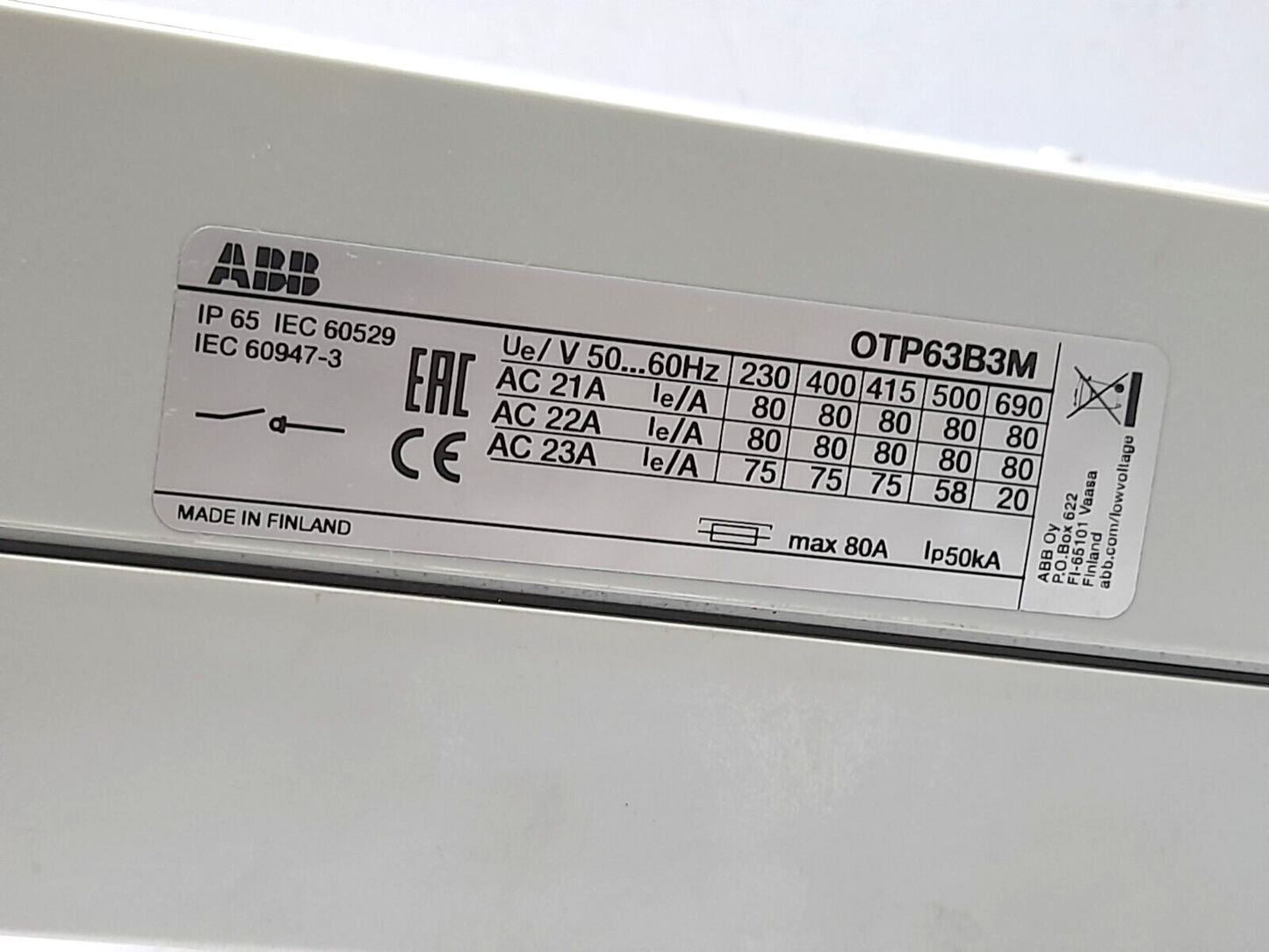 ABB OTP63B3M 1SCA022383R3450 Enclosure Switch Disconnector 3 Pole Ith=80A