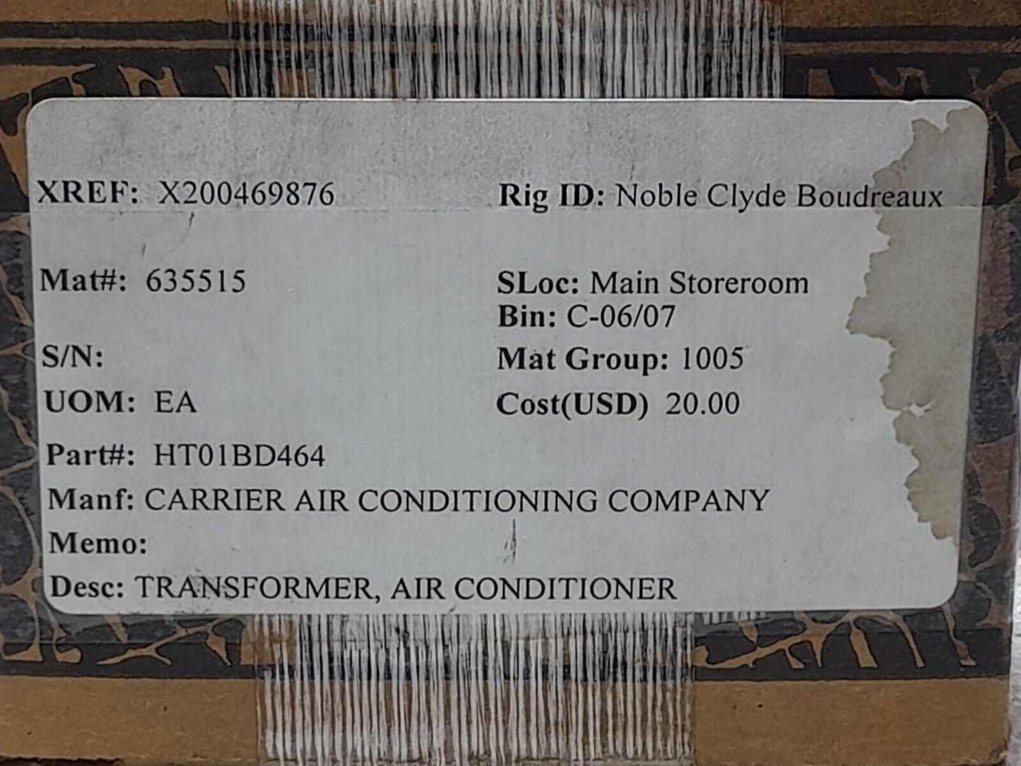 Tyco 4000A10E07AE28 Transformer Carrier HT01BD464 Pri 460V 40VA 5060HZ Sec 24VAC