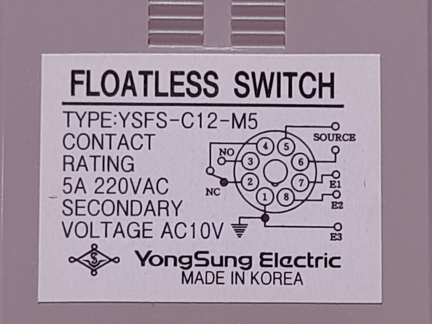 Yongsung YSFS-C12-M5 Floatless Switch 120V 50/60Hz Contact 5A 220VAC