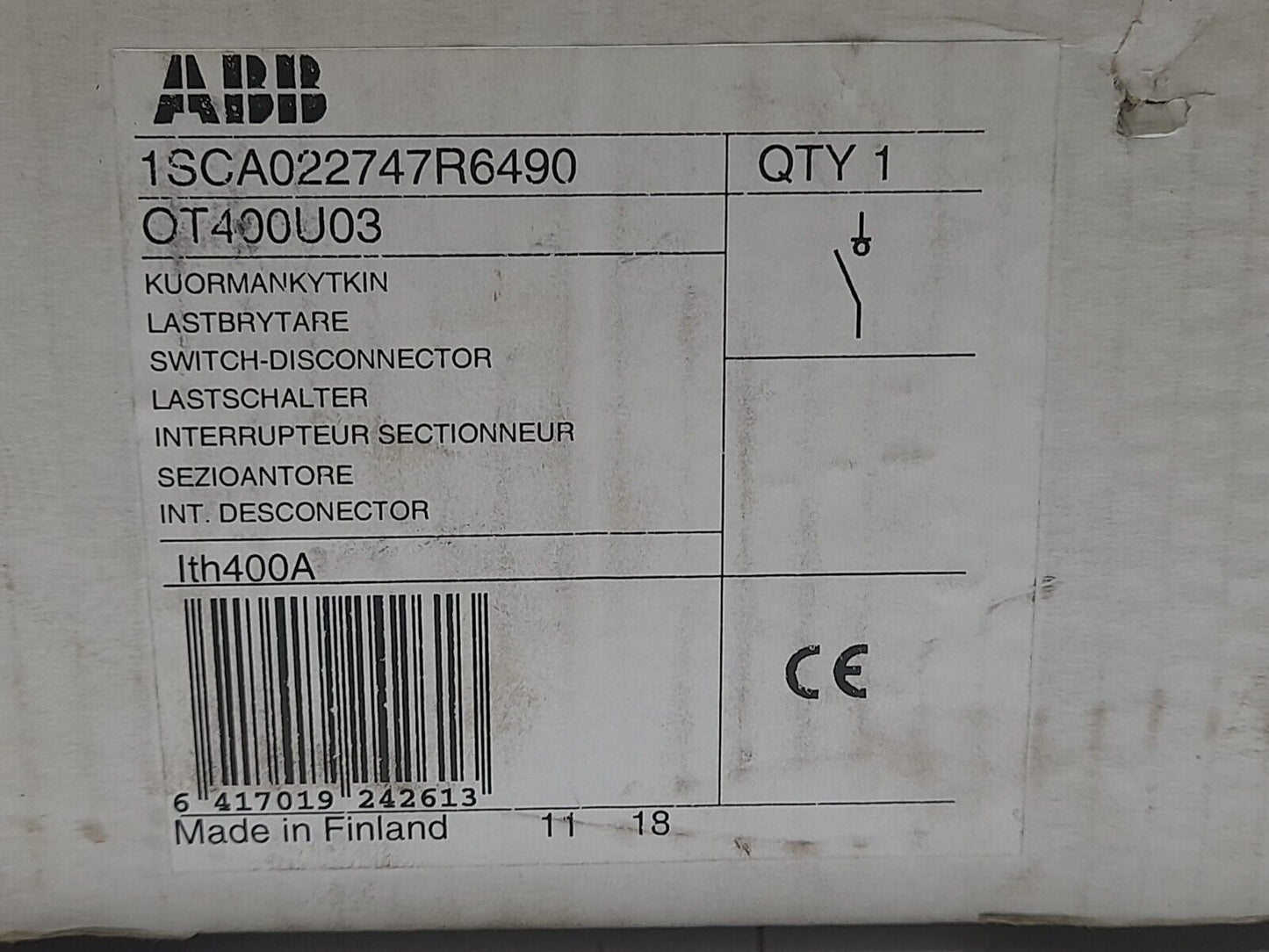 ABB 1SCA022747R6490 Switch Disconnector OT400U03 Ith = 400A Without Knob Handle