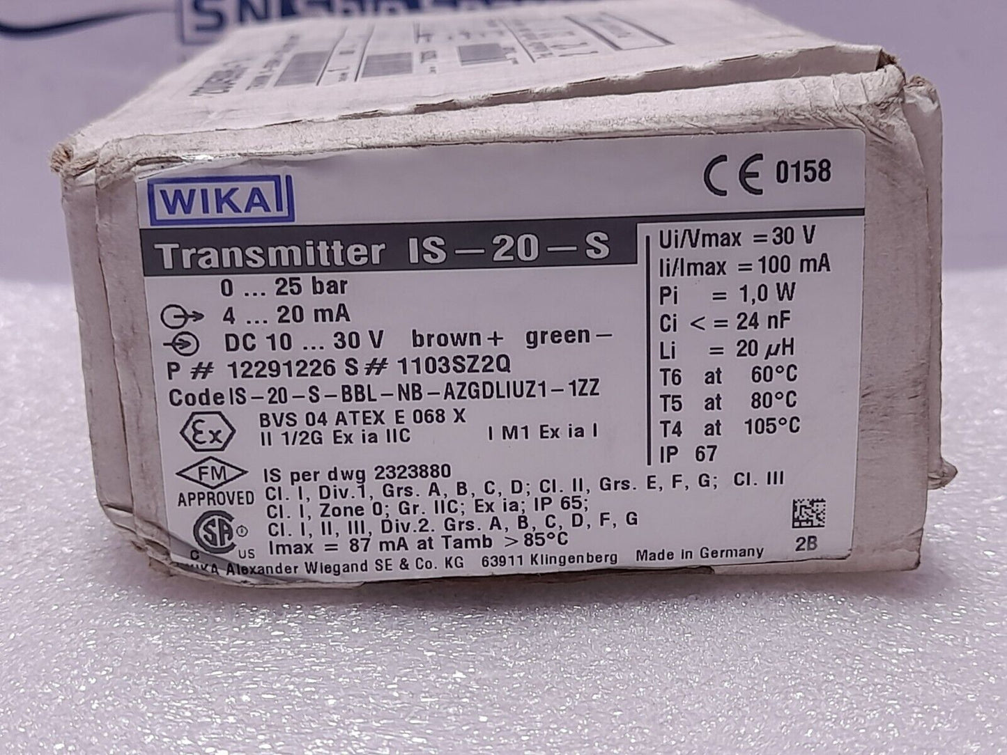Wika IS-20-S Transmitter 12291226 0-25 Bar 4-20mA 10-30VDC NOV 20045996+74