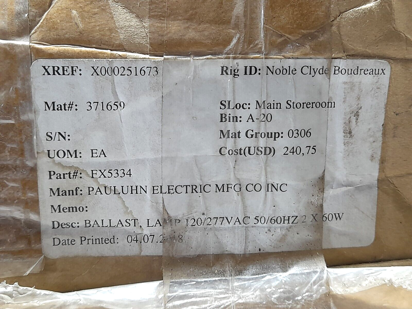 Pauluhn FX5334 Ballasat Lamp 120/277VAC 50/60HZ 2 x 60W