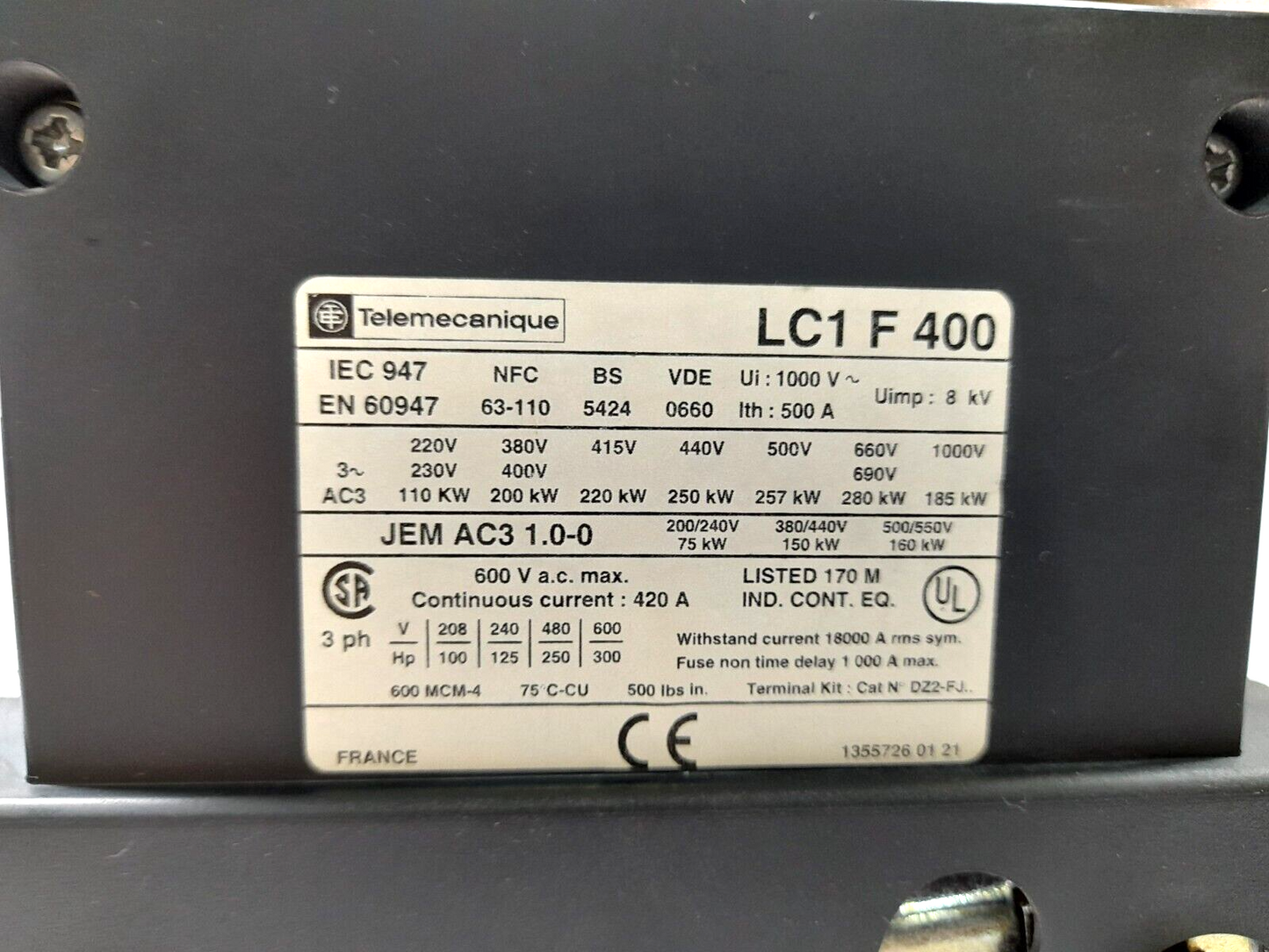 Telemecanique LC1F400 3 Pole Contactor LC1 F400 Without Coil