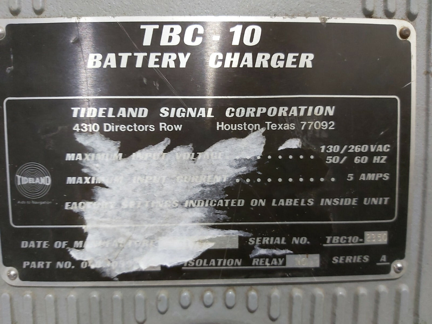 TIDELAND SIGNAL TBC-10 BATTERY CHARGER P/N:040.1039-03 SER-A