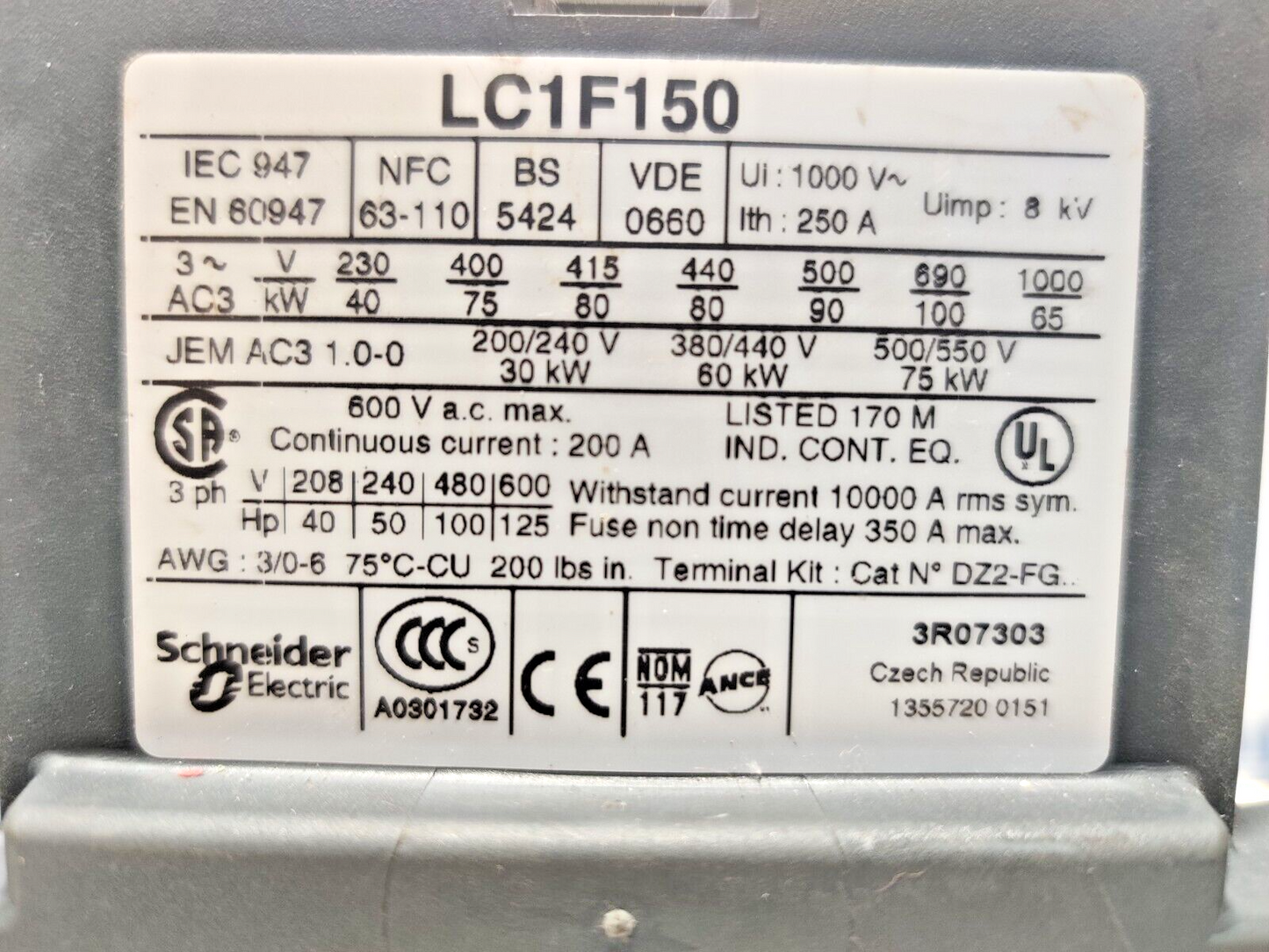 Telemecanique LC1 F150 Contactor 3Phase With LR9 F 5369 And LA9 F 103