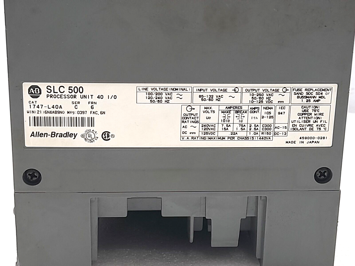 Allen Bradley 1747-L40A Ser C FRN 6 SLC 500 Processor Unit 40 I/O Programmable C