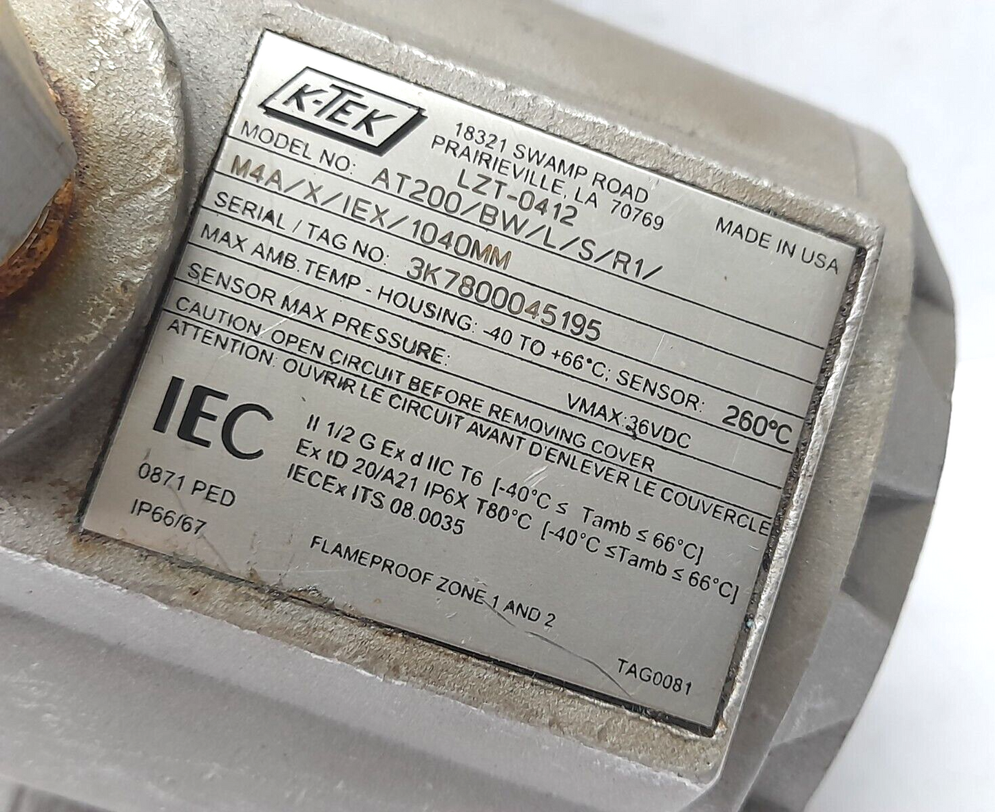 K-Tek AT200/BW/L/S/R1/M4A/X/IEX/1040MM Magnetostrictive Level Transmitter LZT-04