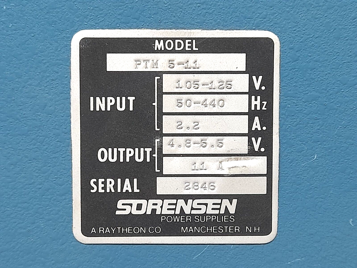 Sorensen PTM 5-11 Power Supply Input 105-125V 50-440Hz 2.2A Output 4.8-5.5V 11A
