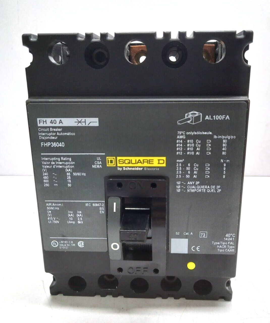 Square D FHP36040 Circuit Breaker 40A 3P 600VAC 250VDC 50/60Hz FH 40A