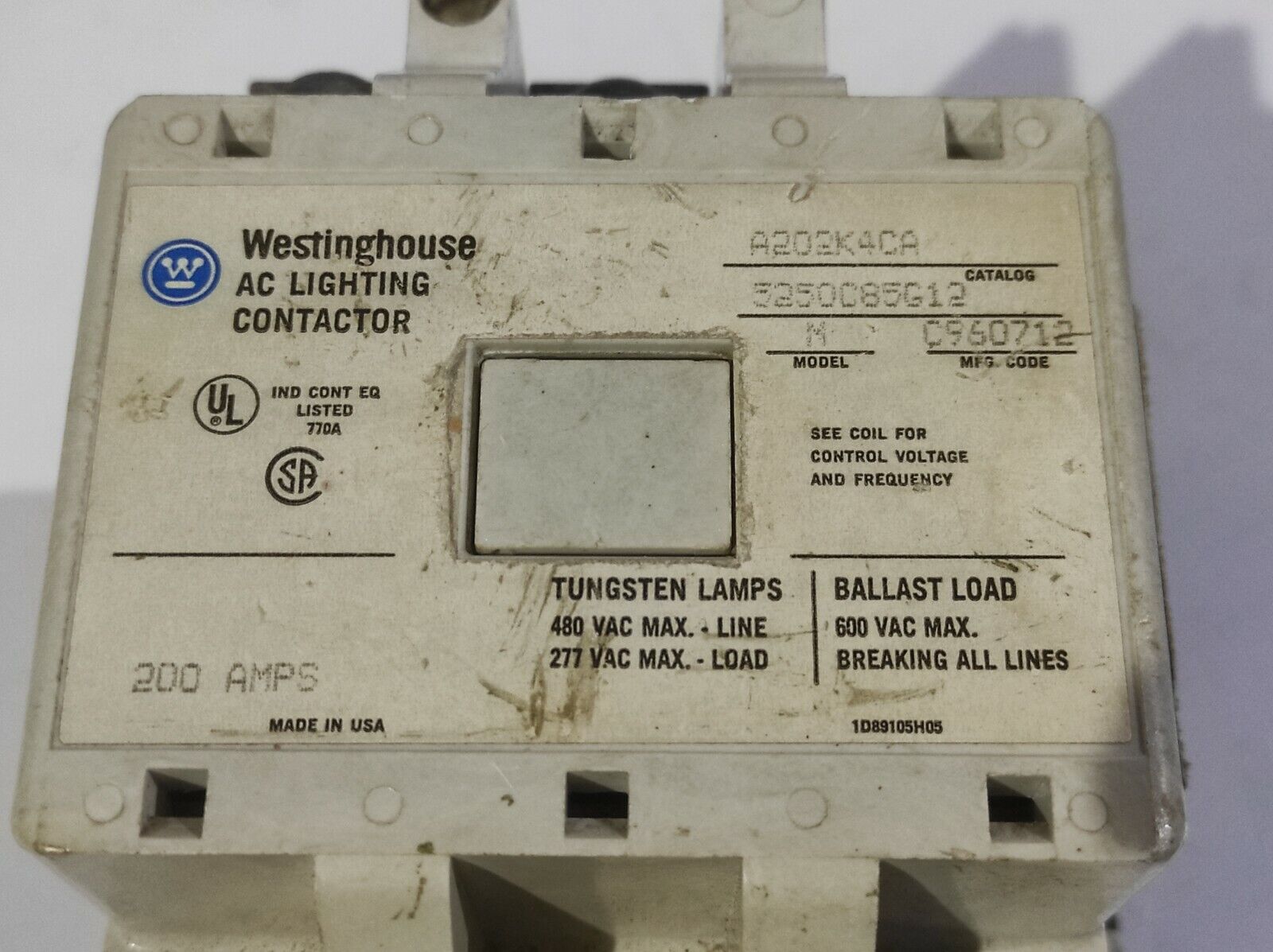 Westinghouse A202K4CA Contactor 5250C85G12 Model N 200Amps 