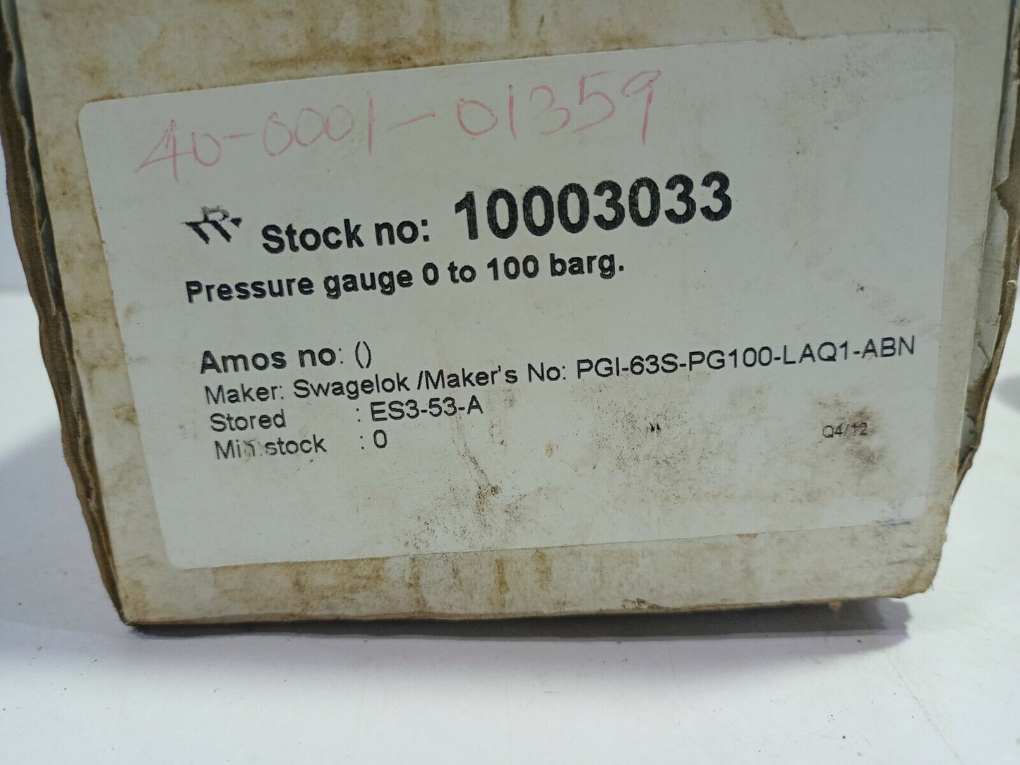 Swagelok PGI-63S-BG100-LAQX-ABN Pressure Gauge D2NHI0085K 0-1450PSI 0-100Bar