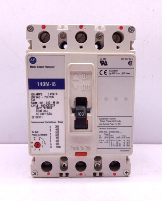 Allen Bradley 140M-I8P-D10-M (A) Circuit Breaker 100A 3P 140M-I8