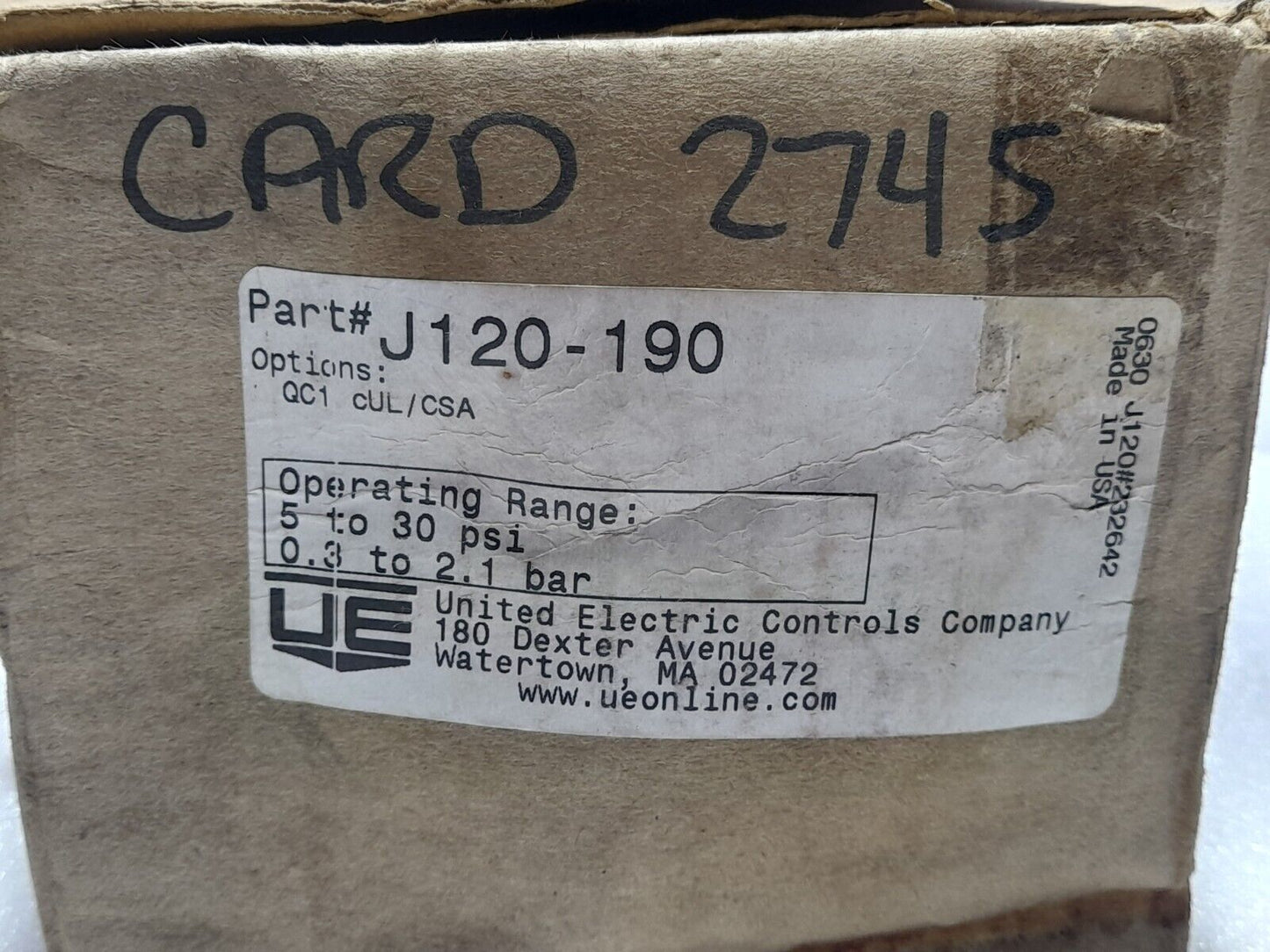 United Electric J120-190 Pressure Switch J120190 Operating Range 5 To 30 PSI 0.3