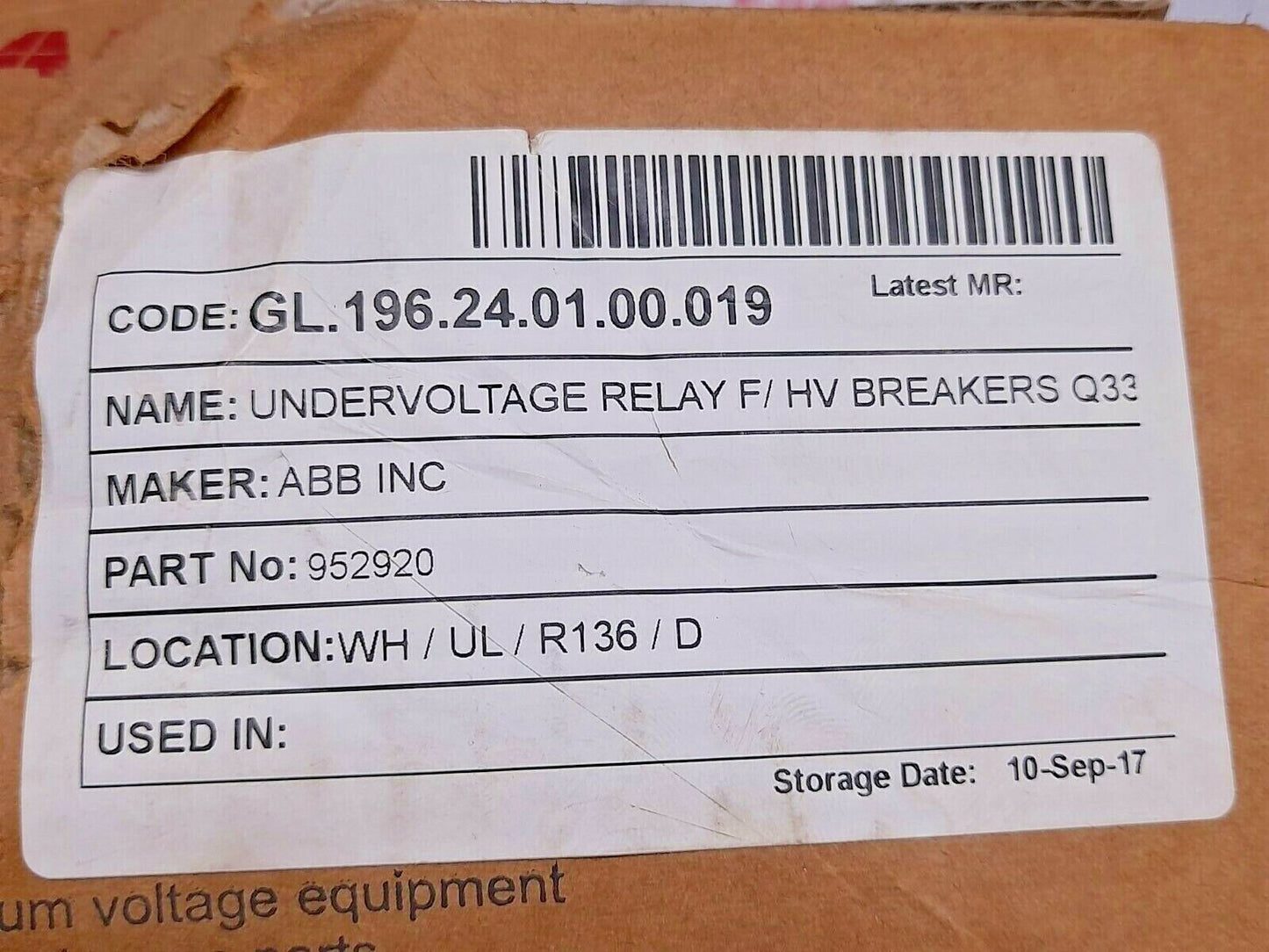 ABB 1VCR002948G0003 1VC116007453A0A Undervoltage Relay 952920 110-132VDC 110-127