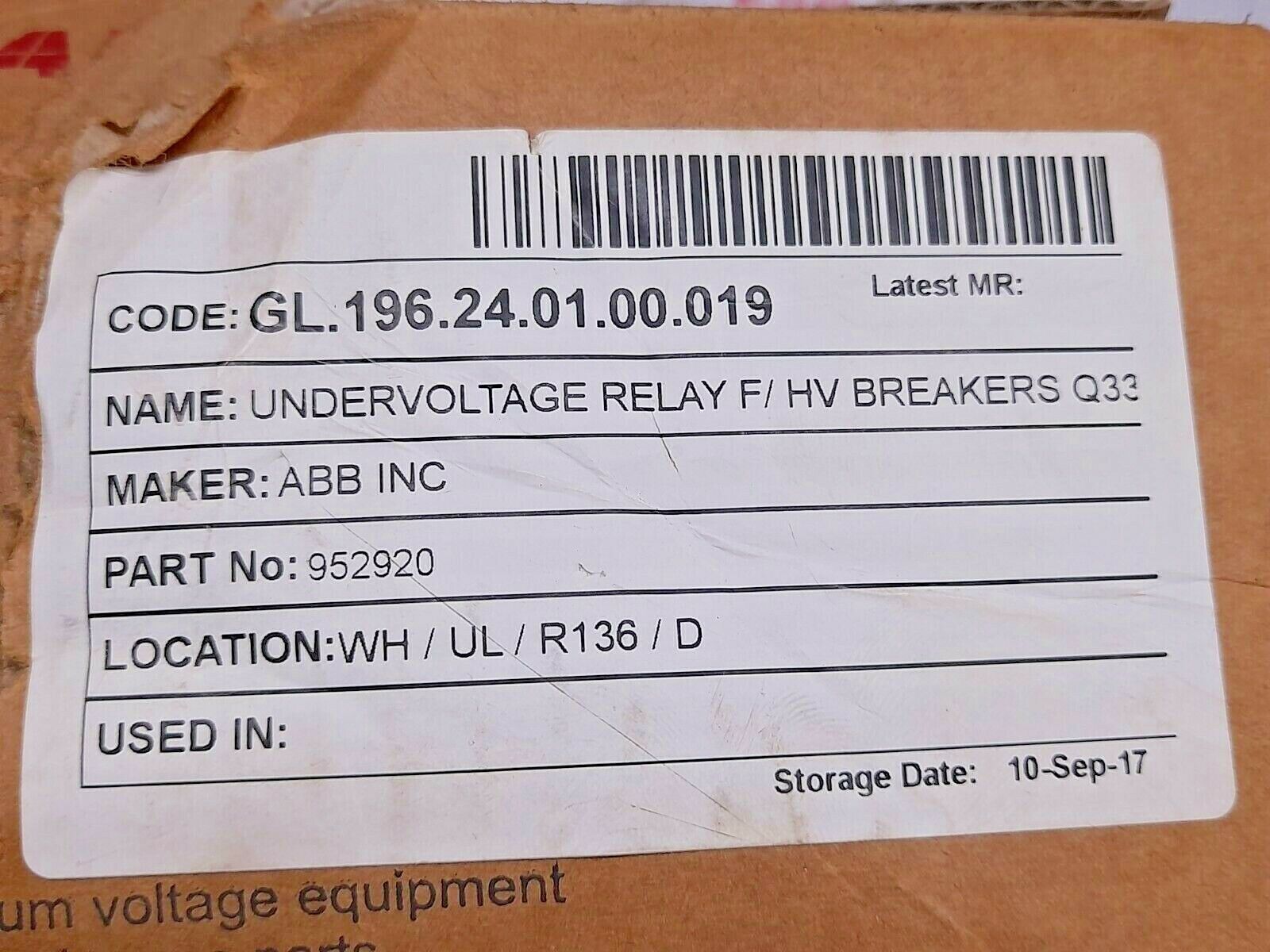 ABB 1VCR002948G0003 1VC116007453A0A Undervoltage Relay 952920 110-132VDC 110-127