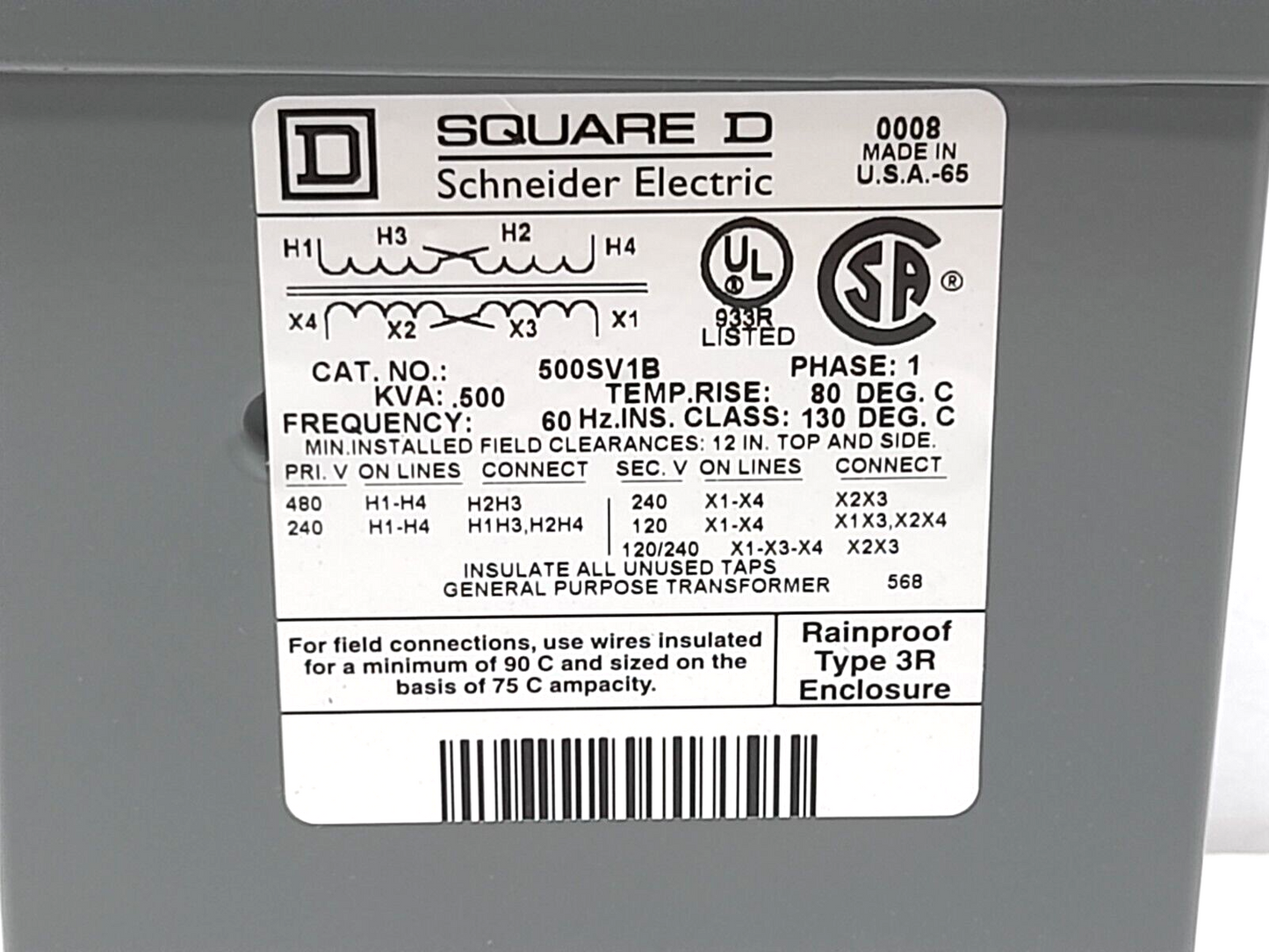 Square D 500SV1B Transformer 1Ph .500kVA 60Hz Pri 240/480V Sec 120/240V