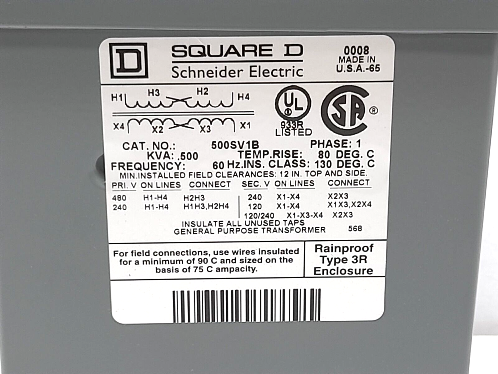 Square D 500SV1B Transformer 1Ph .500kVA 60Hz Pri 240/480V Sec 120/240V