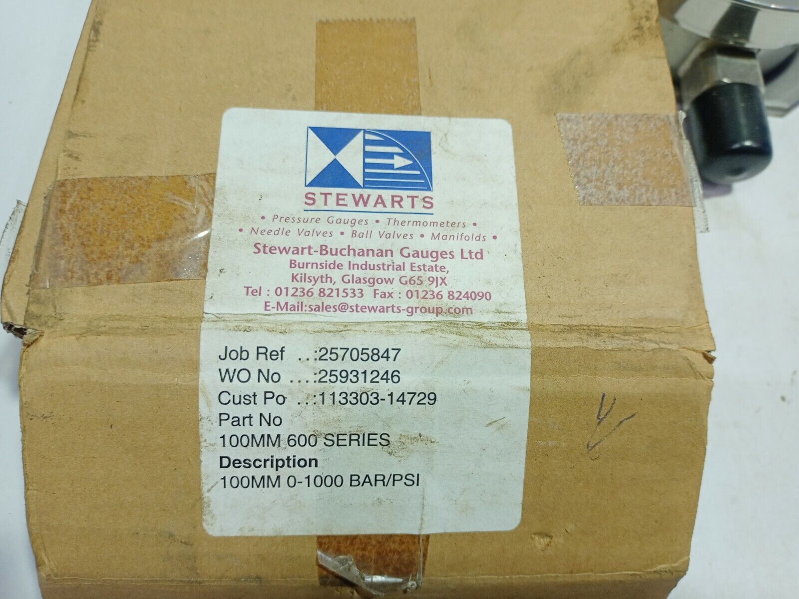 Stewarts SBG-634GF-DIN-100-¼IN AE-100.0 Pressure Gauge 100MM Dial 0-100KPA