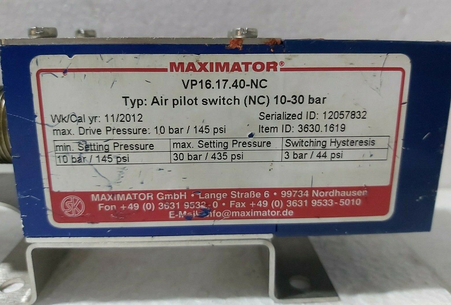 MAXIMATOR VP16.17.40-NC AIR PILOT SWITCH (NC) 10-30 BAR VALVE 