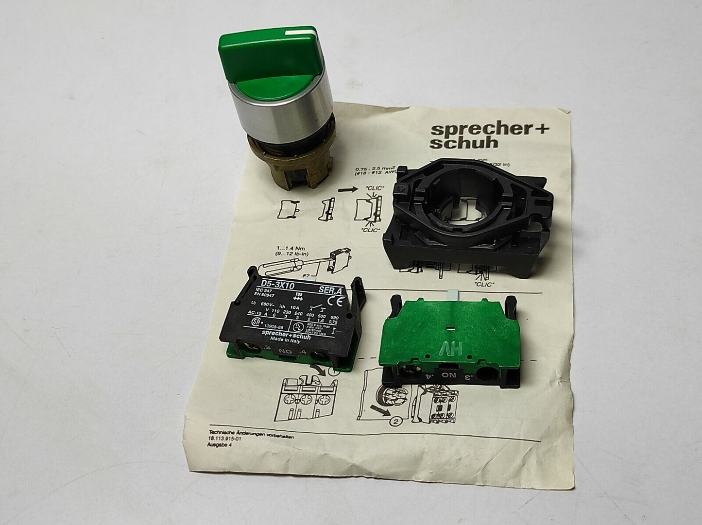 Sprecher Schuh D5M-SB333LX20 Green Selector Switch Pilot Device 3pos Stand 