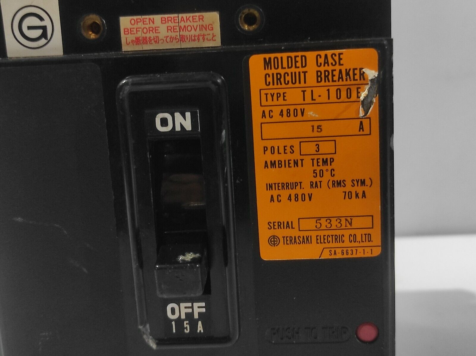 Terasaki TL-100E Circuit Breaker 15A Molded Case Circuit Breaker AC 480V Poles 3