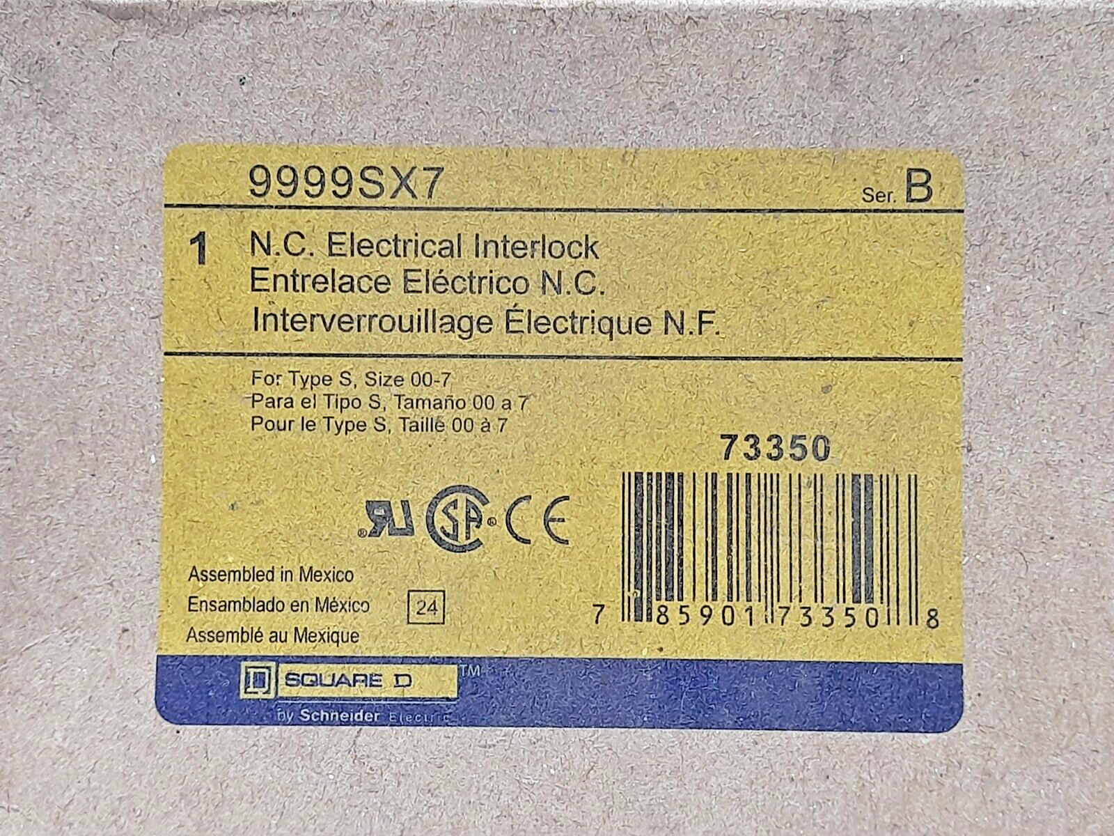Sqaure D 9999SX7 N.C. Electrical Interlock Ser B 600VAC 50/60Hz