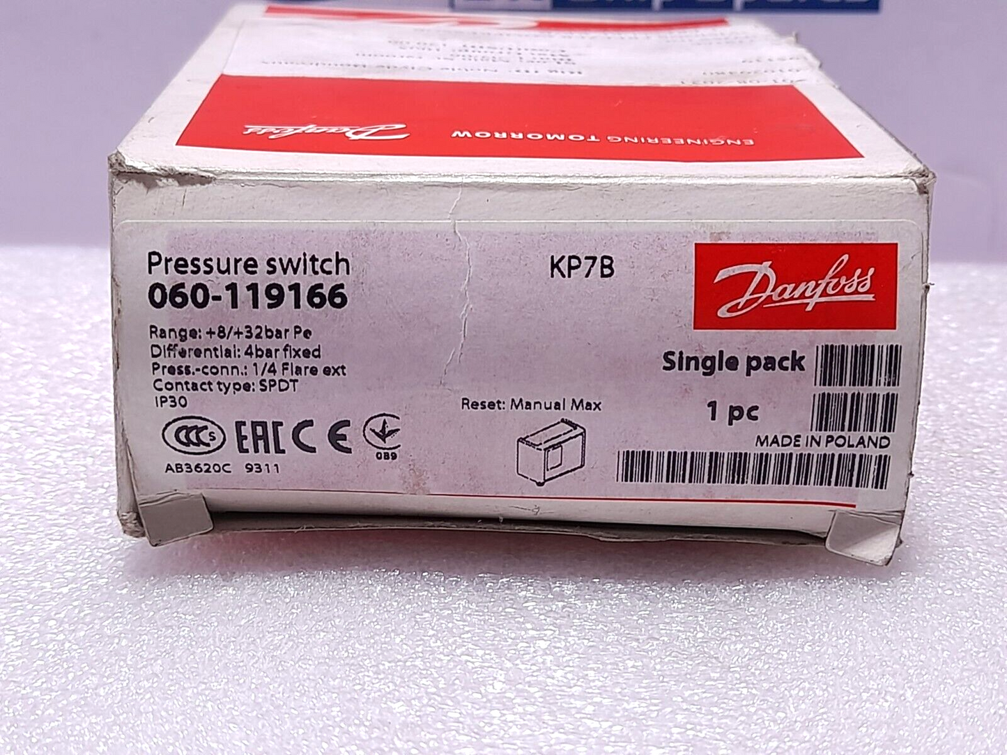 Danfoss 060-119166 Pressure Switch KP7B Range +8/+32 Bar Pe Differential 4 Bar