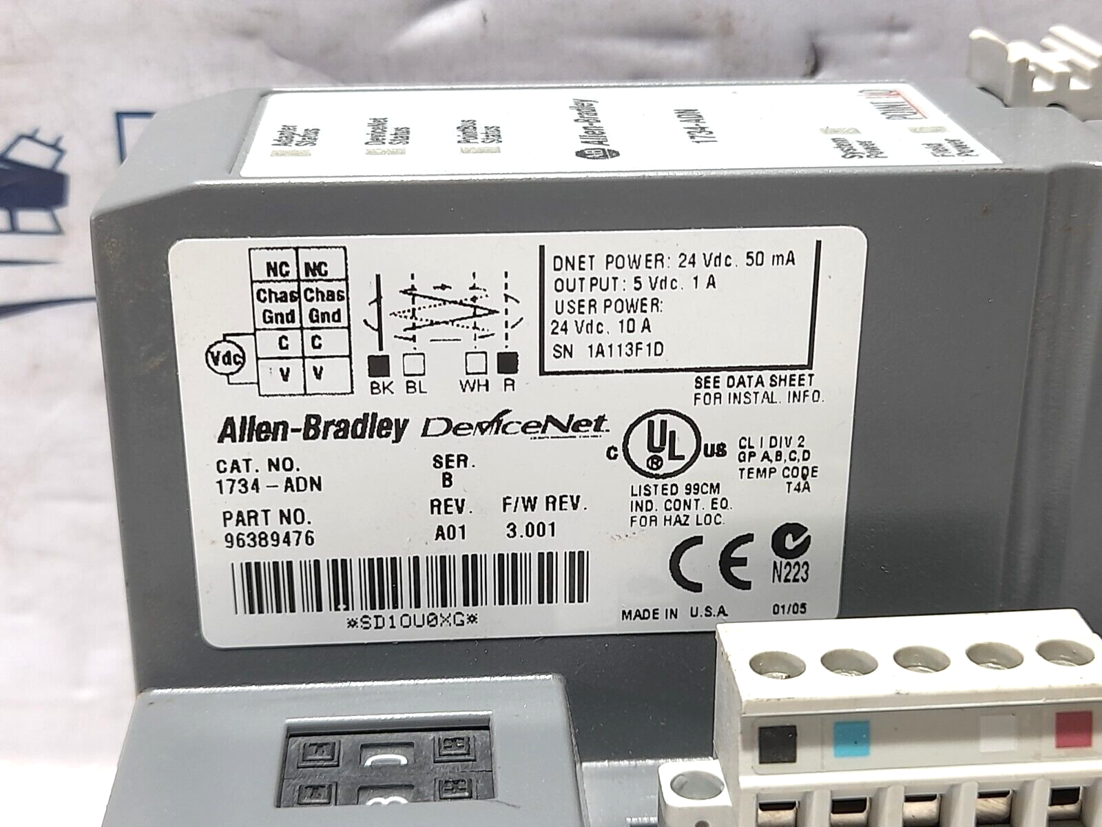 Allen Bradley 1734-ADN Ser B Point I/O Device Net Adapter With 1734-RTB Ser A