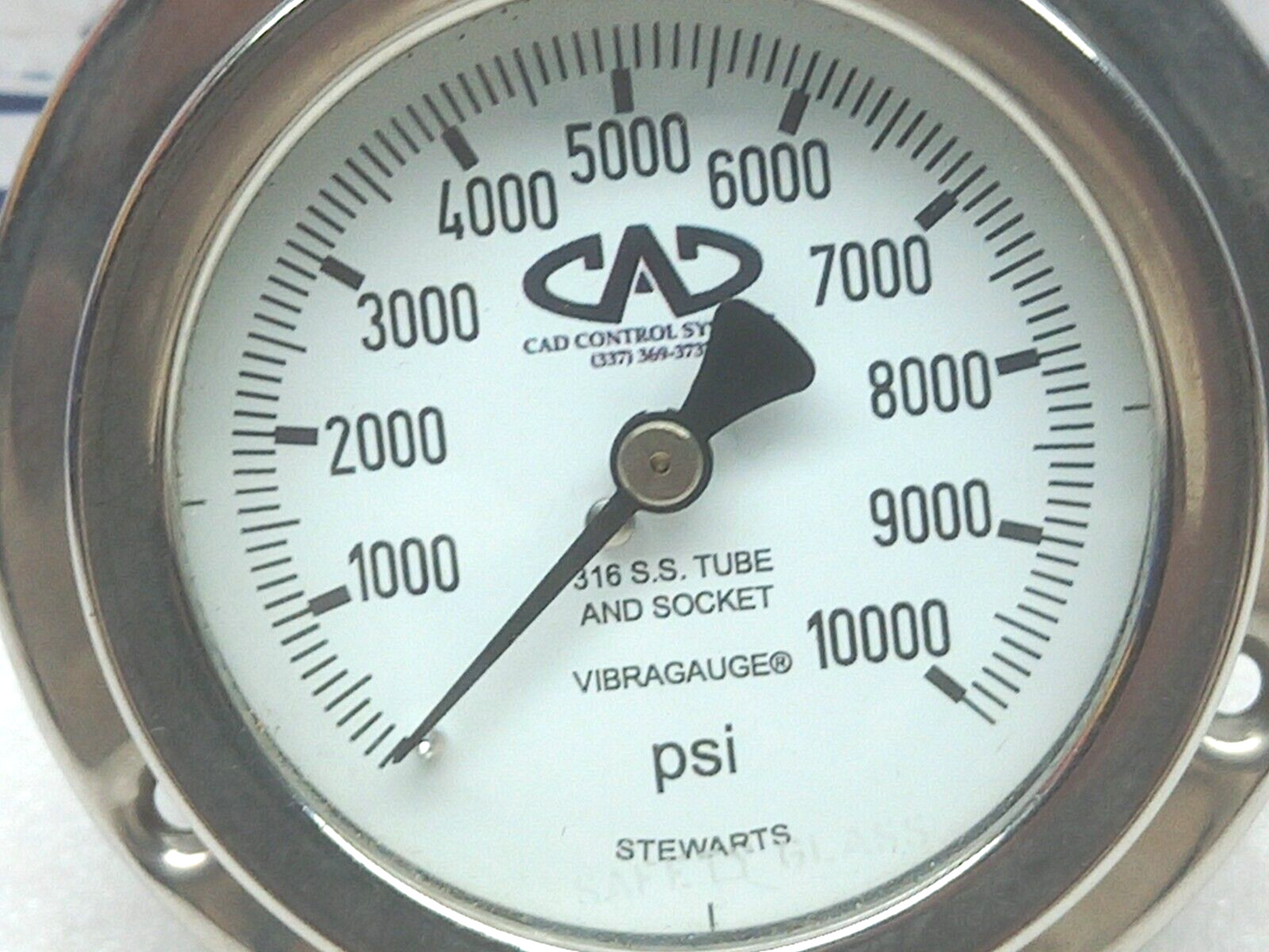 Stewarts 0-10000 PSI Pressure Gauge 316 S.S. Tube and Socket Vibragauge
