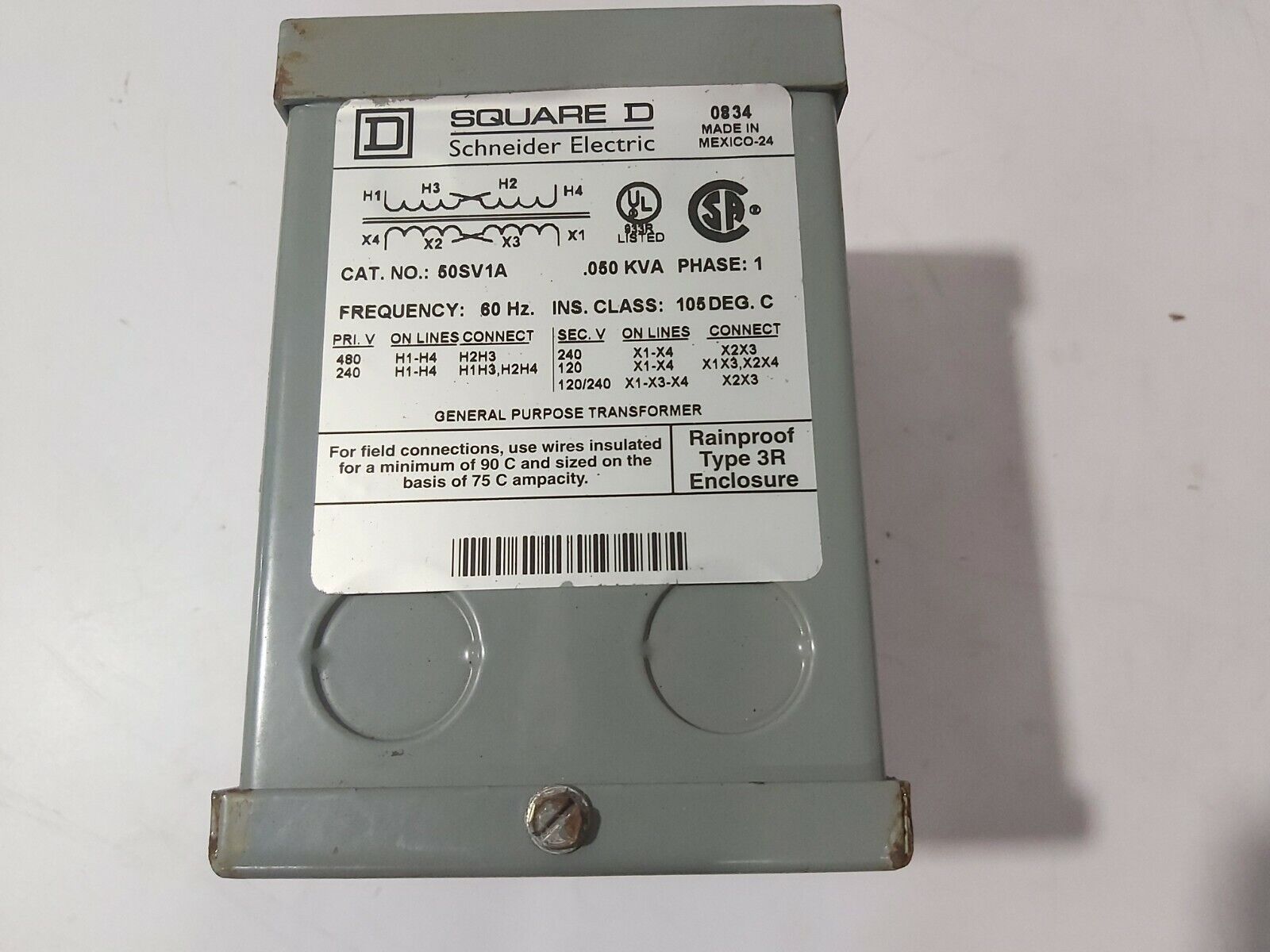 SQUARE D 50SV1A .050KVA PHSE-1 CLASS:105DEG.C GENERAL PURPOSE TRANSFORMER 