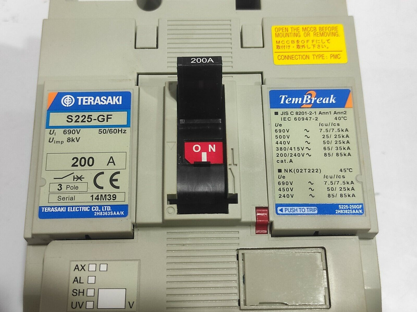 Terasaki S225-GF TemBreak Circuit Breaker 3P 200A PMC 50/60Hz / S225GF