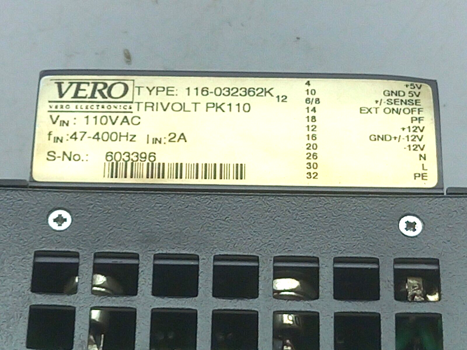 VERO Electronics PK110 TRIVOLT Power Supply Type 116-032362K 110V AC