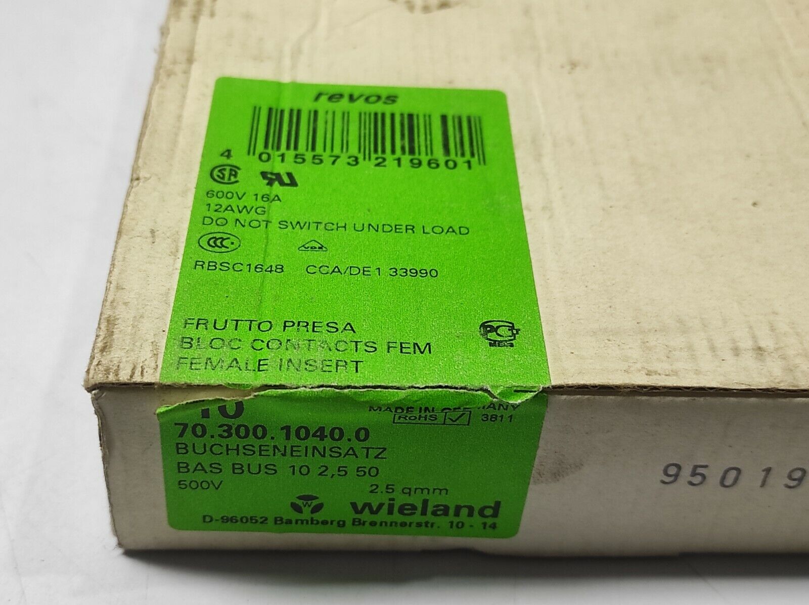 Wieland 70.300.1040.0 Socket Insert 500V 16A 600V Bas Bus 10 2.5 50 / 10-PCSLOT 