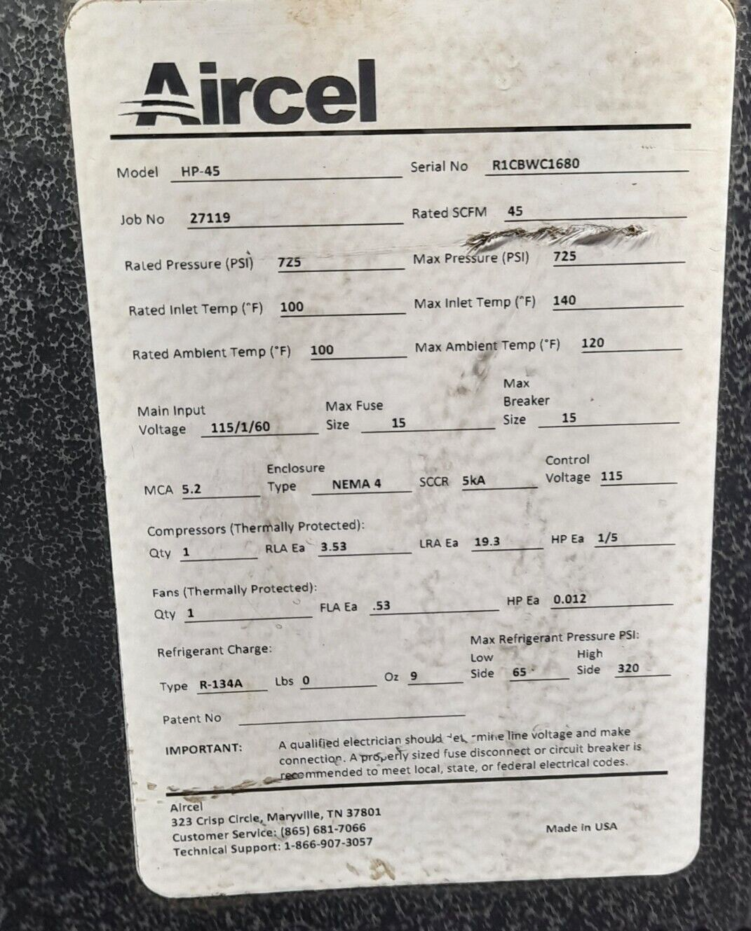 Aircel HP-45 Refrigerant Dryer HP45 Rated SCFM 45