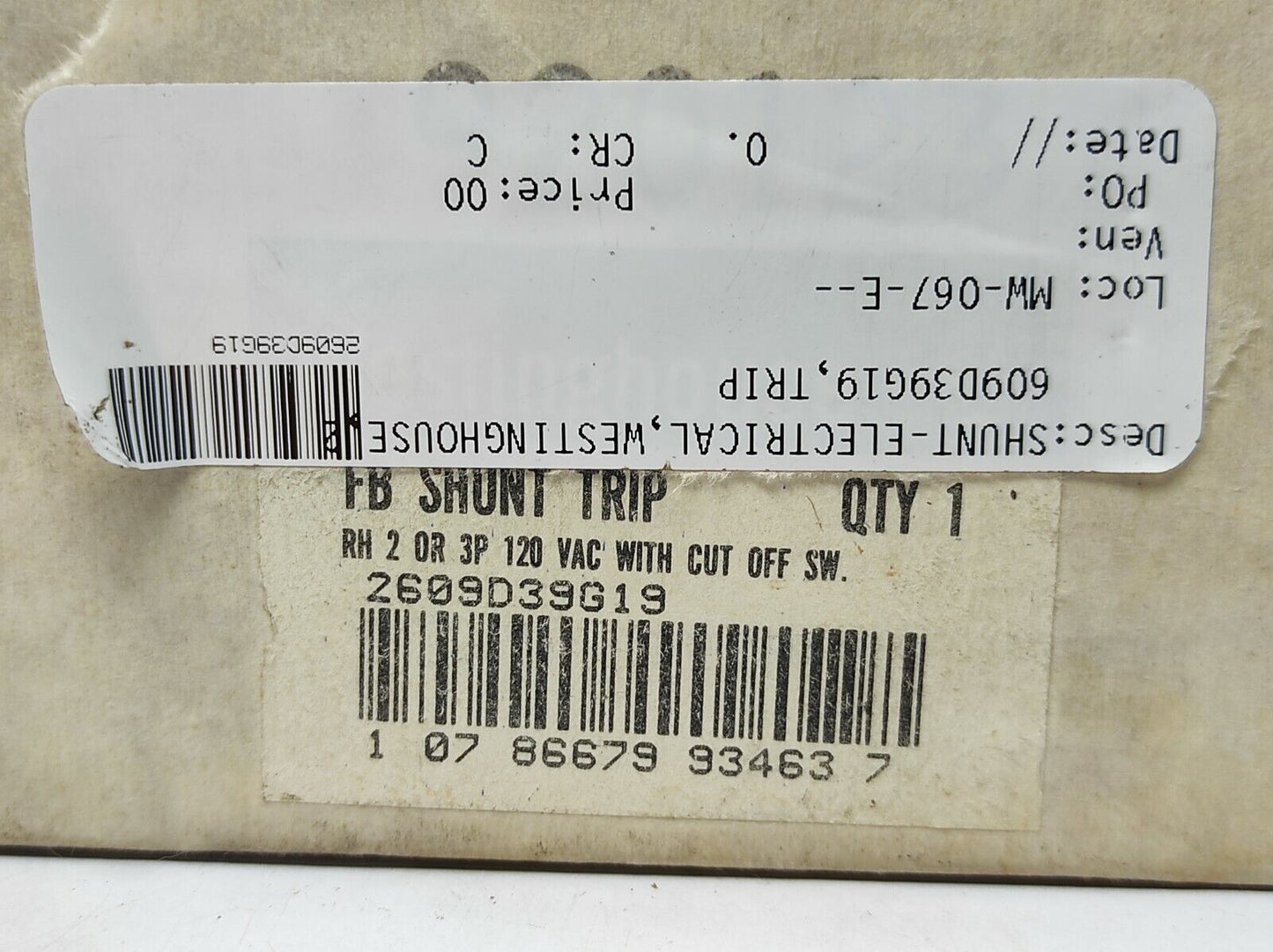 Westinghouse 2609D39G19 FB Shunt Trip RH 2 OR 3P 120VAC With Cut Off Switch