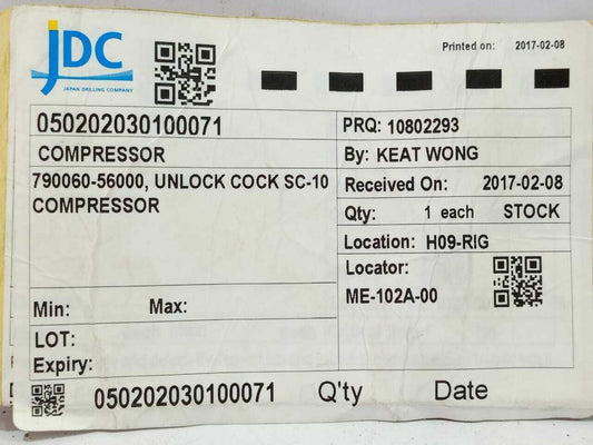 790060-56000 Unlock Cock Valve SC-10 Compressor 190060-73453 Yanmar Comp SC-10N