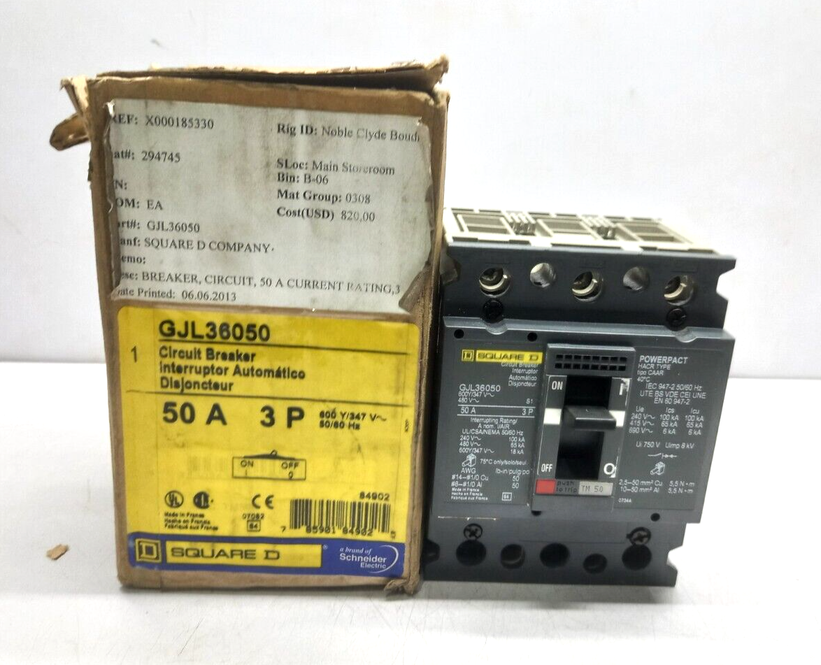 Square D GJL36050 Circuit Breaker 50A 3P 600Y/347V 480V 50/60Hz Made in France