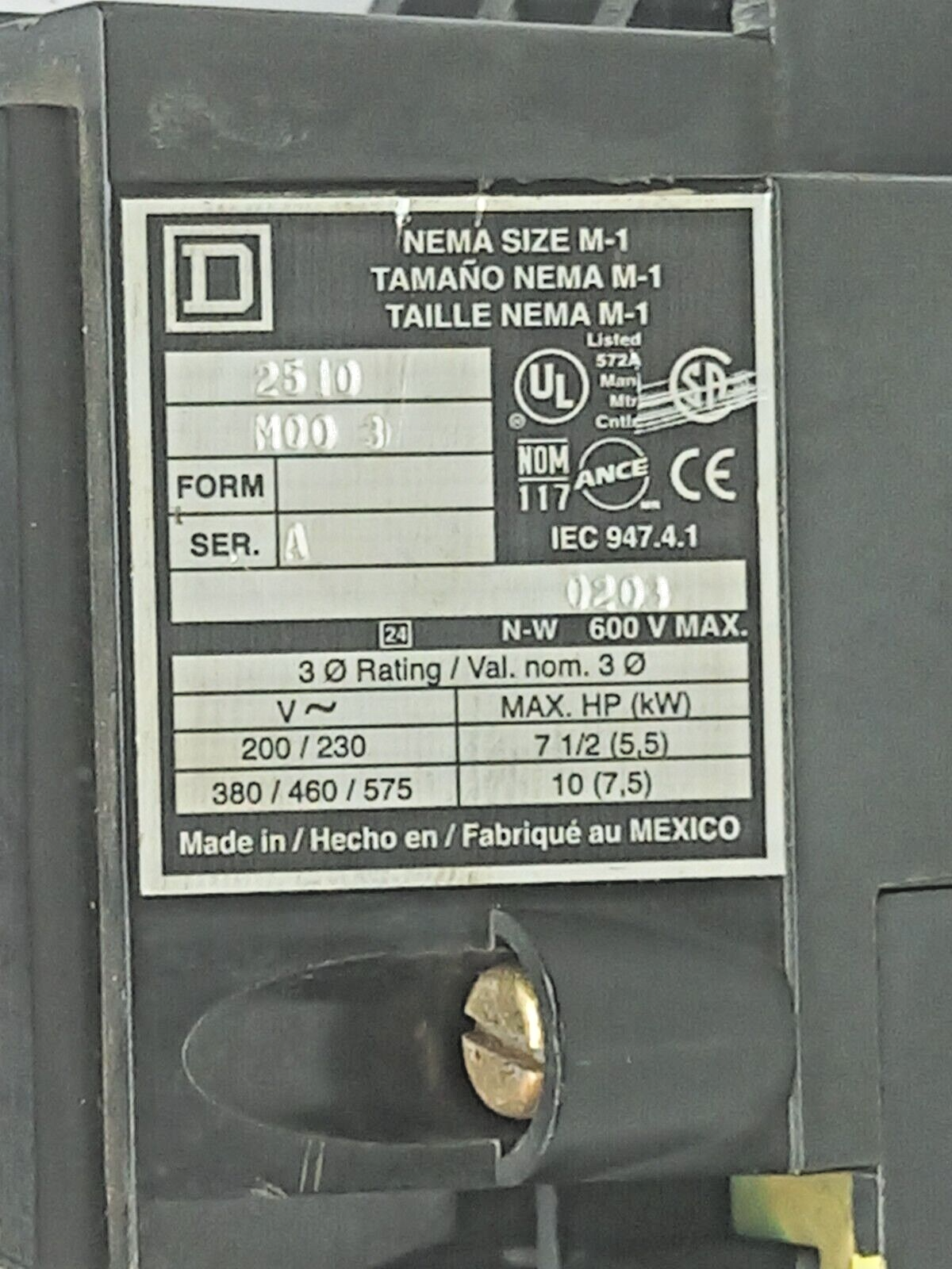 Square D 2510M003 Manual Starter 600V Max Nema Size M-1