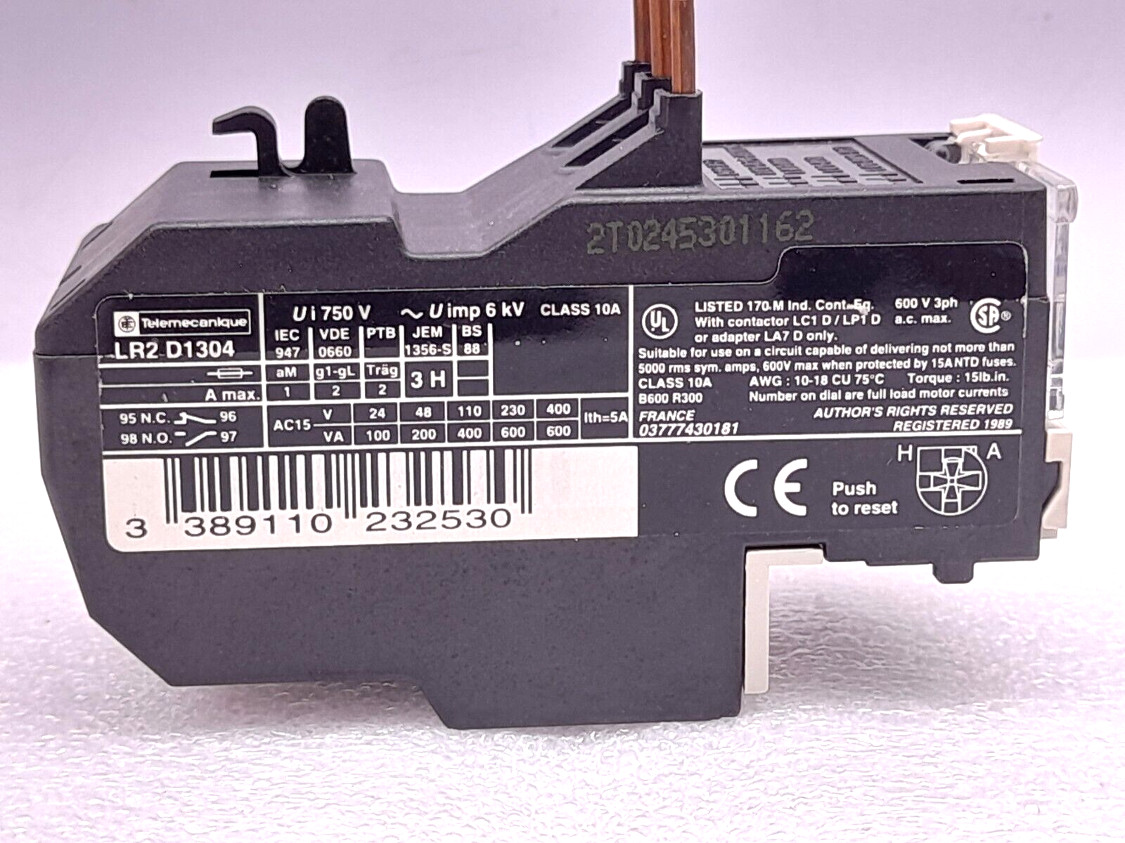 Telemecanique LR2 D1304 Thermal Overload Relay 0.40-0.63A LR2 D13 Ui 750V