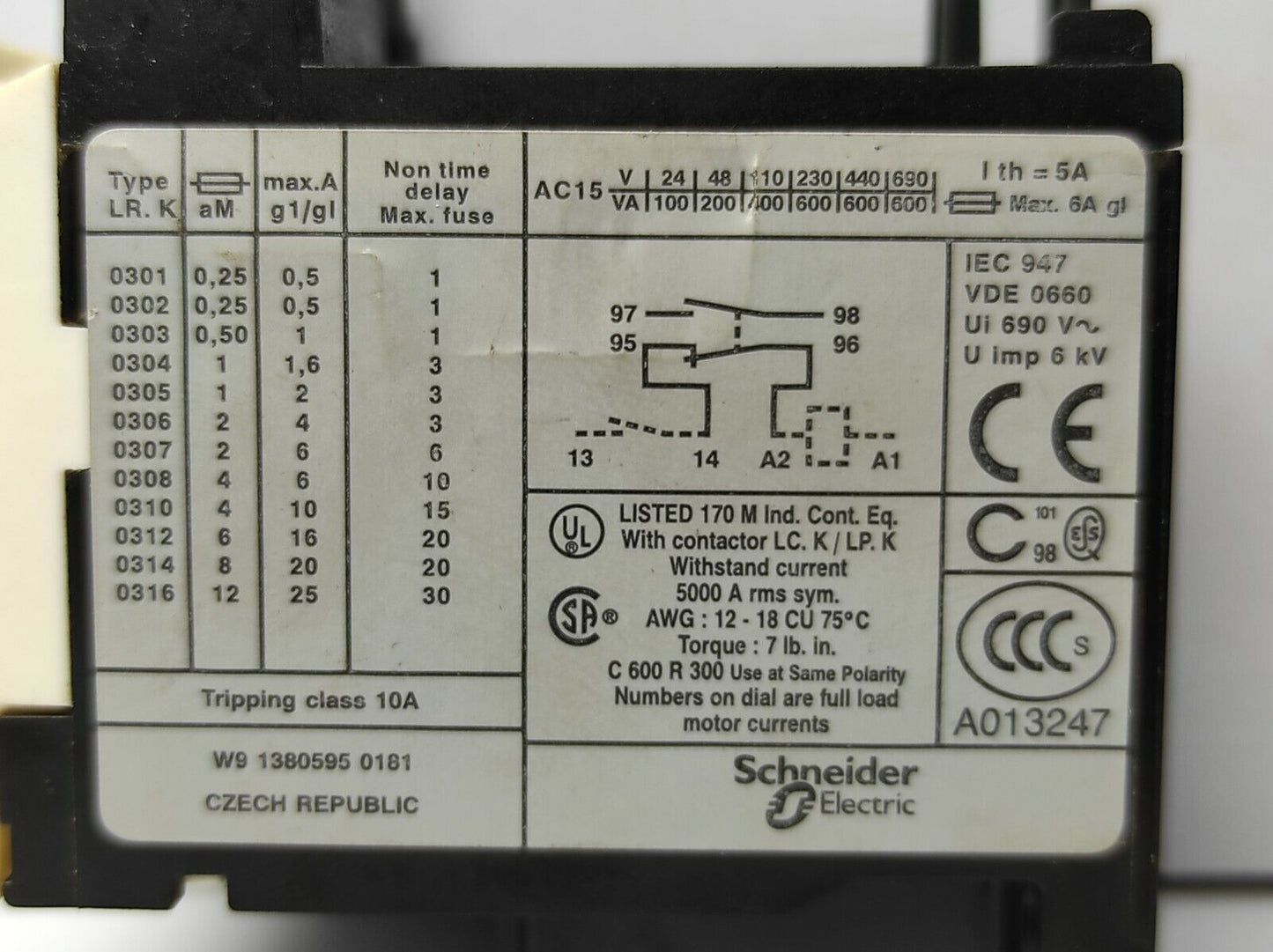 Telemecanique LR2K0314 Thermal Overload Relay Schneider Electric Tripping Class 