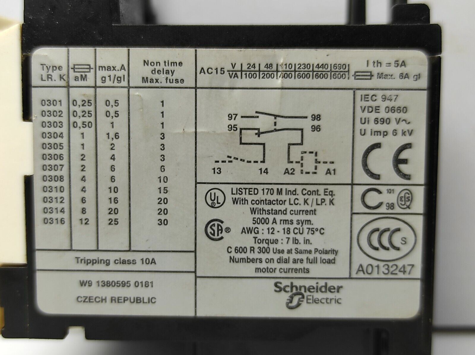 Telemecanique LR2K0314 Thermal Overload Relay Schneider Electric Tripping Class 