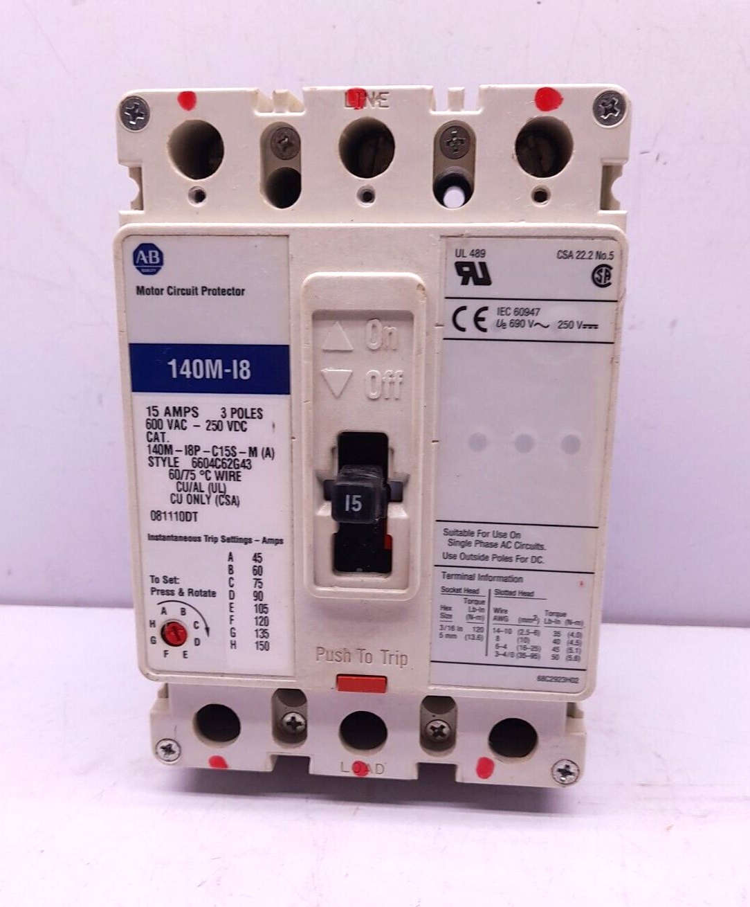 Allen Bradley 140M-I8P-C15S-M (A) Circuit Breaker 15A 3P 140M-I8
