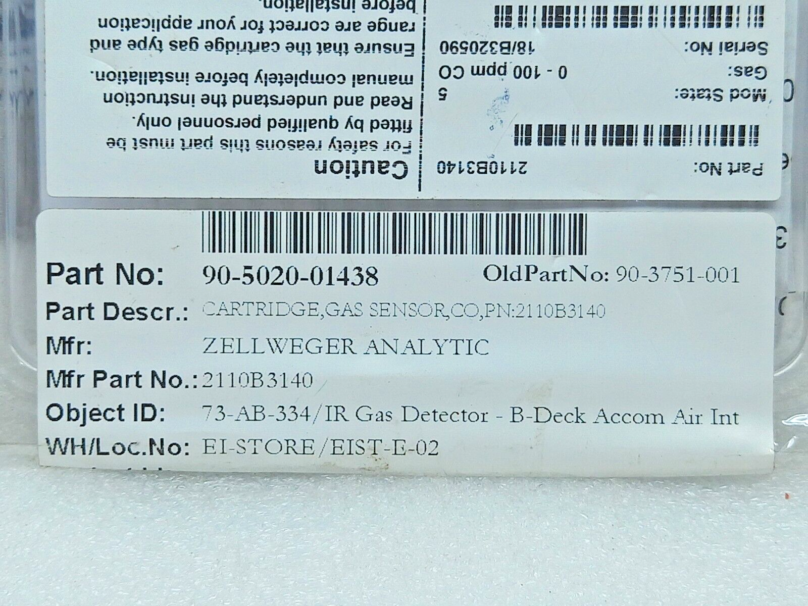 Zellweger Analytic 2110B3140 Cartridge Sensor 0-100ppm CO 90-5020-01438