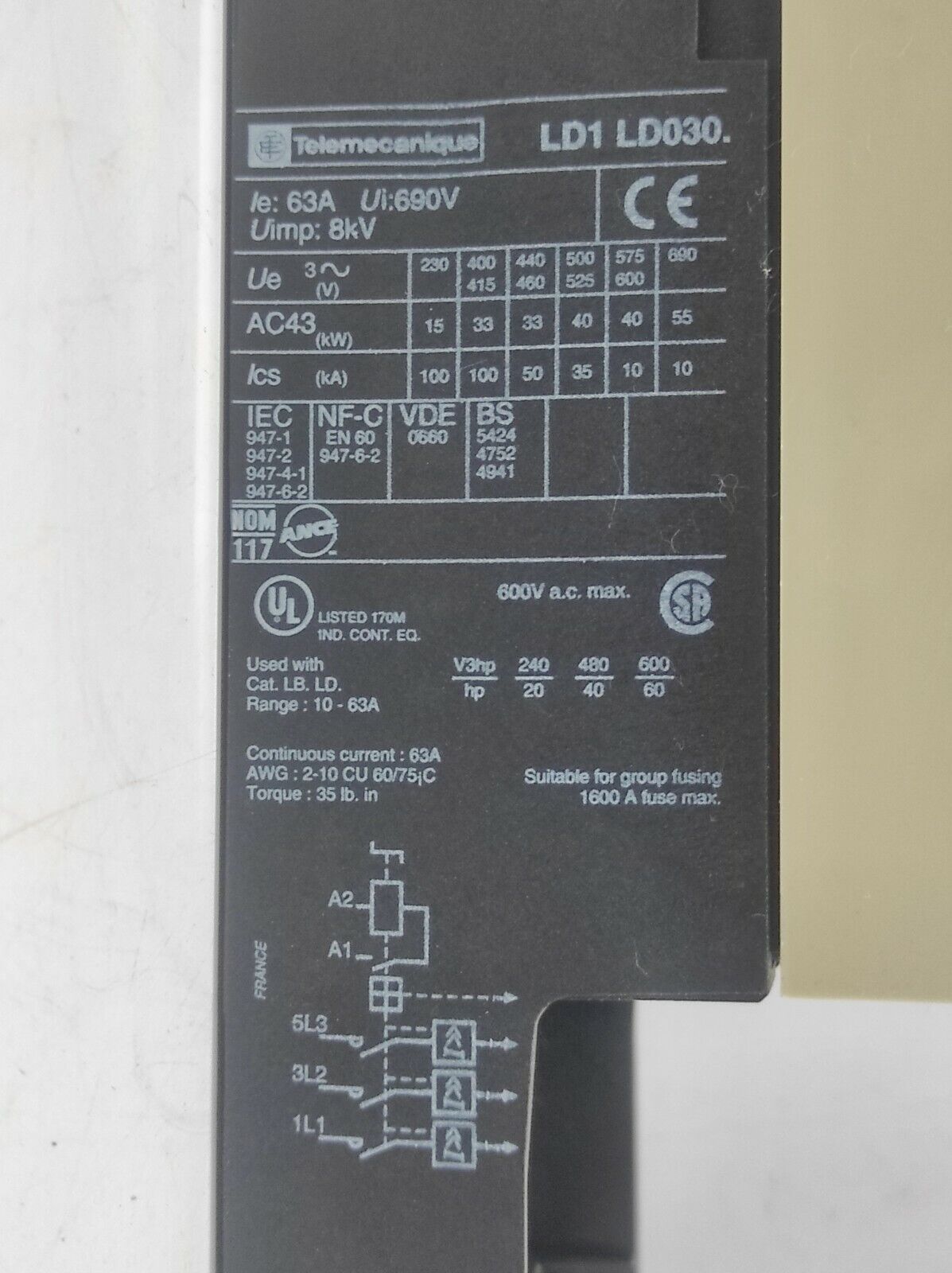 Telemecanique LD1LD030FC Contactor 45A-63A 600V 3PH 40HP Integral 63