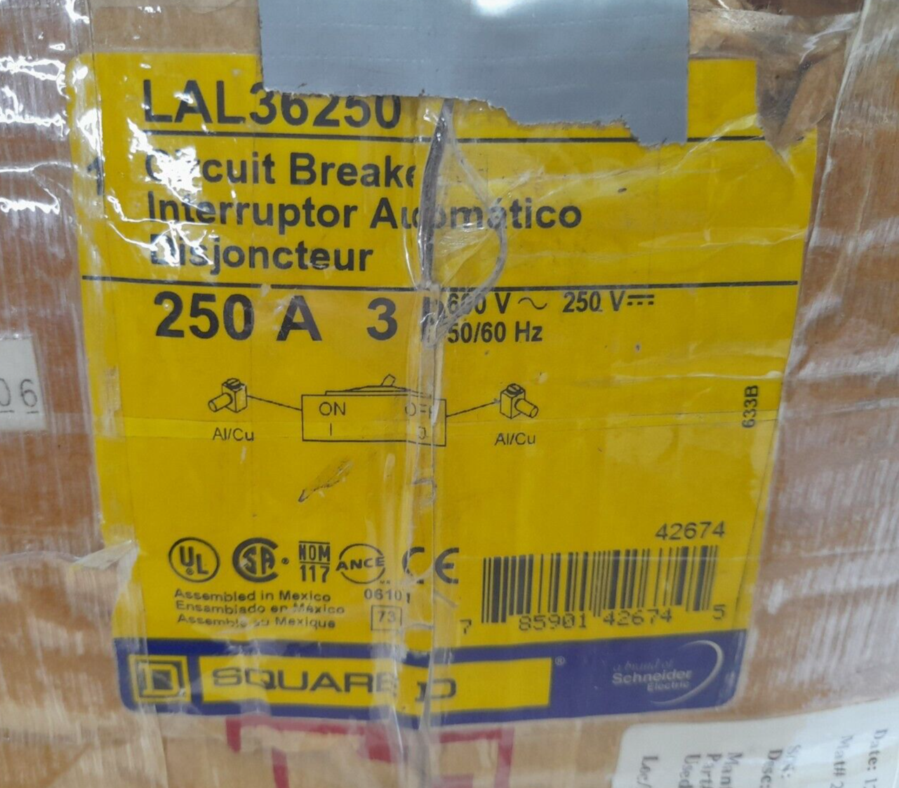 Square D LAL36250 Circuit Breaker 250A 3P 600VAC 250VDC 5060Hz Type LAL S4