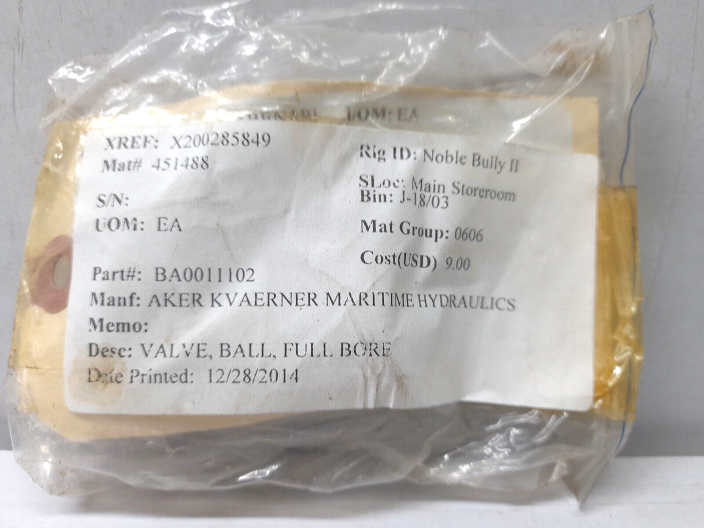 Aker Kvaerner Maritime Hydraulics BA0011102 Valve, Ball, Full Bore