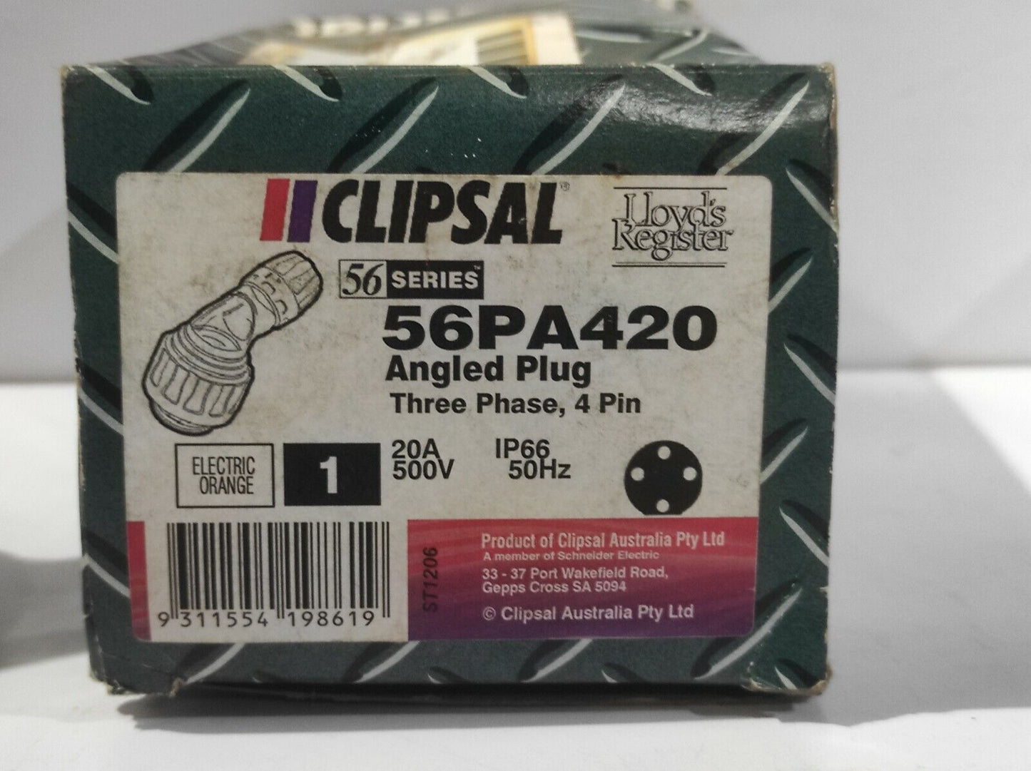 Clipsal 56PA420 Angled Plug Three Phase 4Pin 20A 500V IP66 50Hz 56 Series