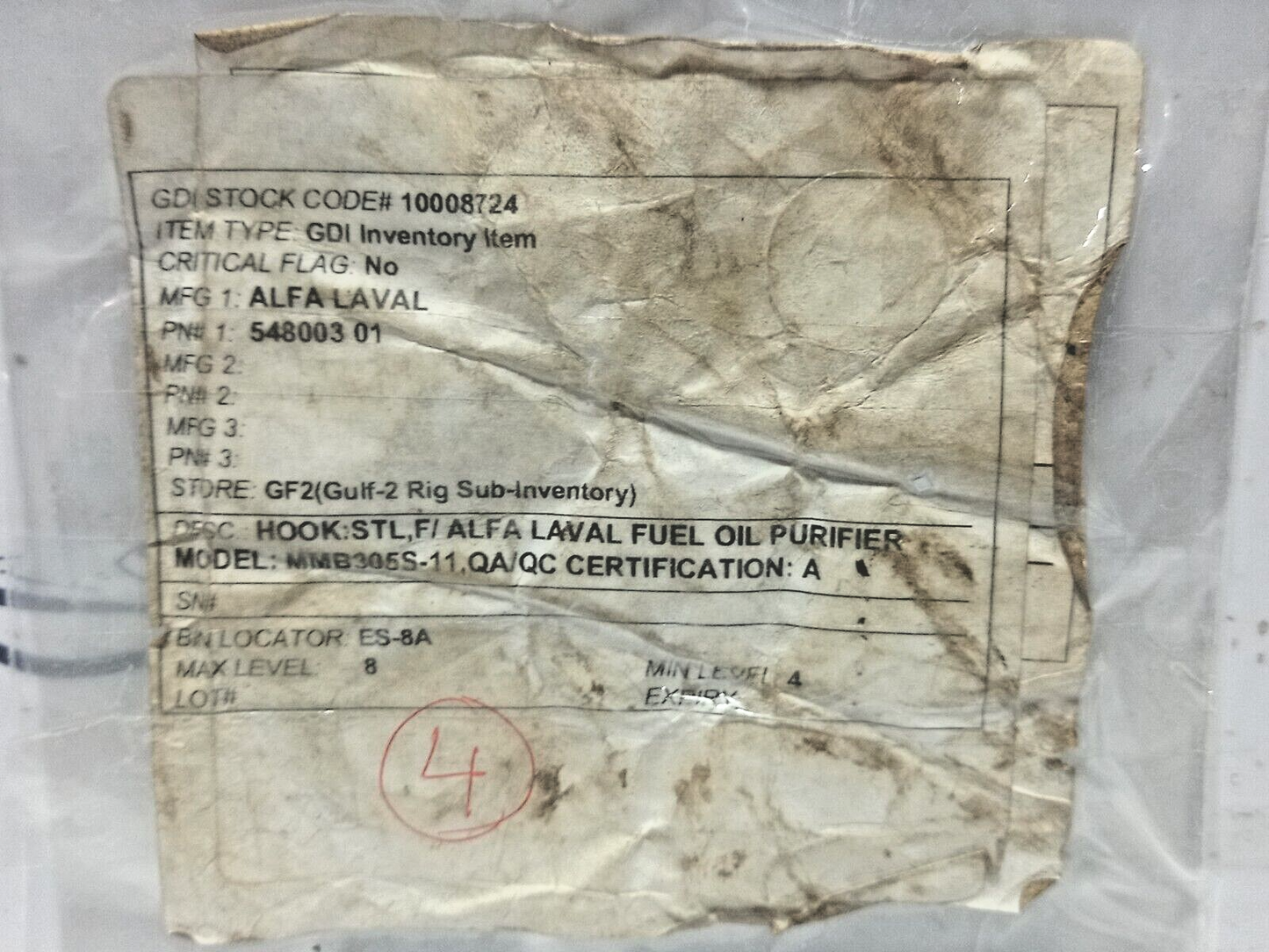 Alfa Laval 548003 01 STL,F/Hook 4PCs In Lot